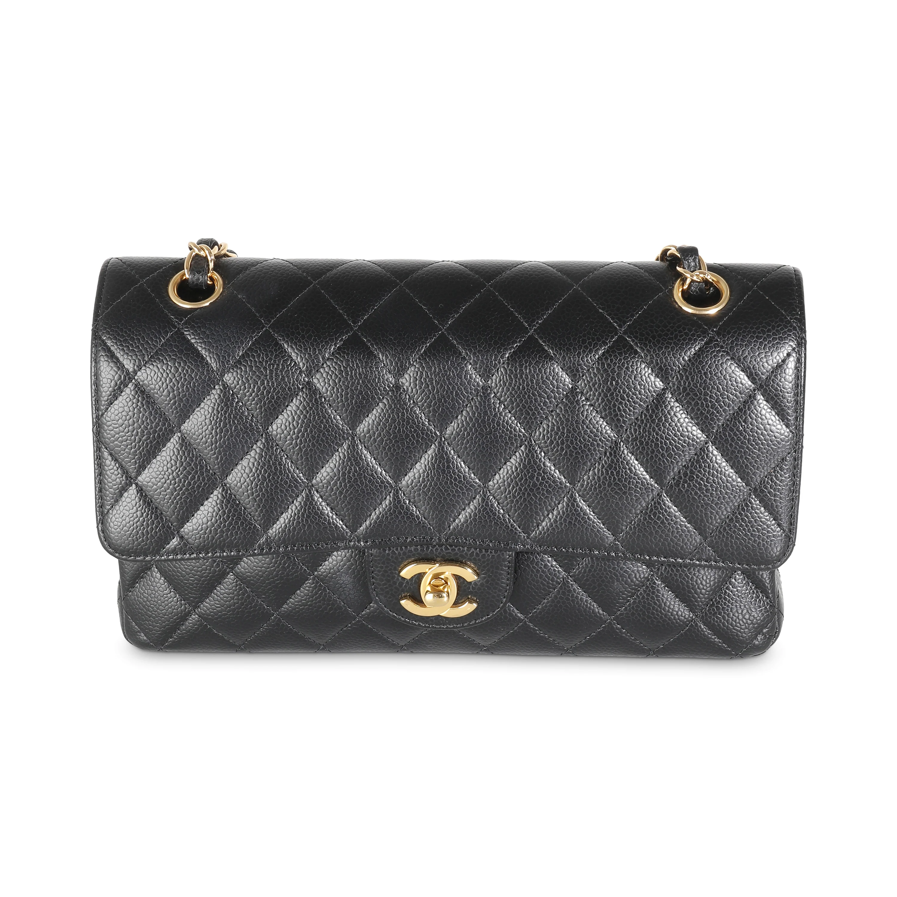 Black Quilted Caviar Medium Classic Double Flap Handbag