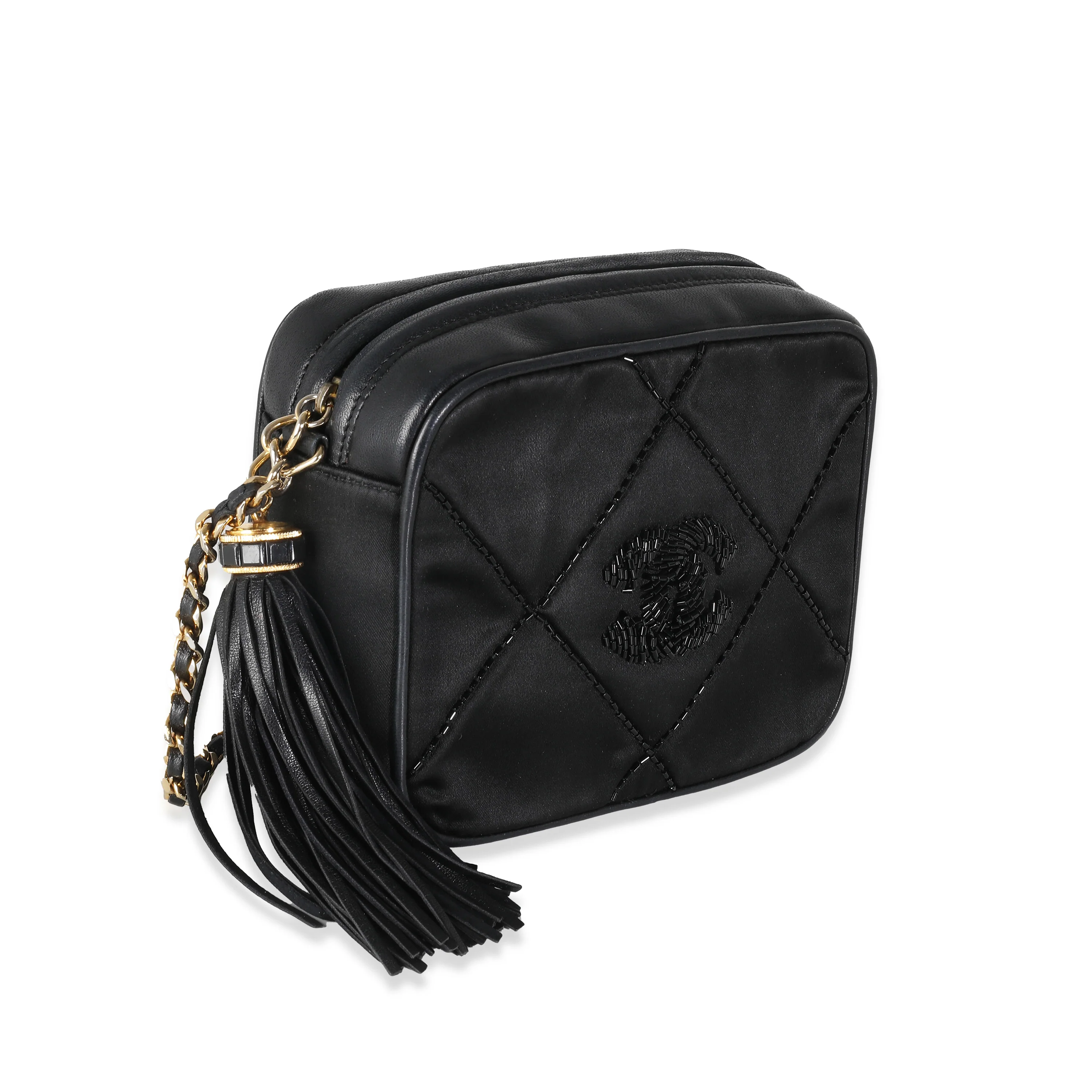 Black Quilted Satin Mini Tassel Camera Bag - Image 3