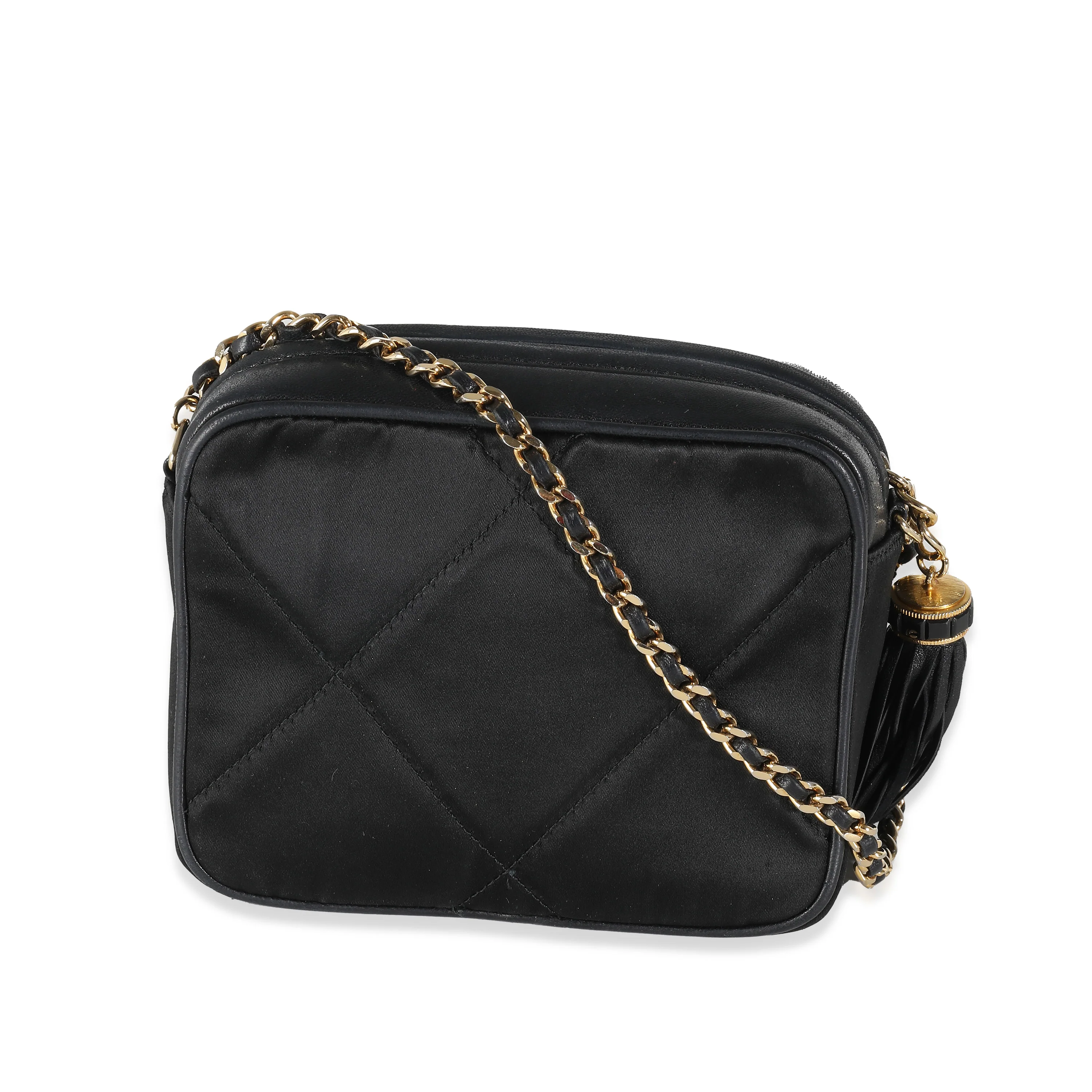 Black Quilted Satin Mini Tassel Camera Bag - Image 4