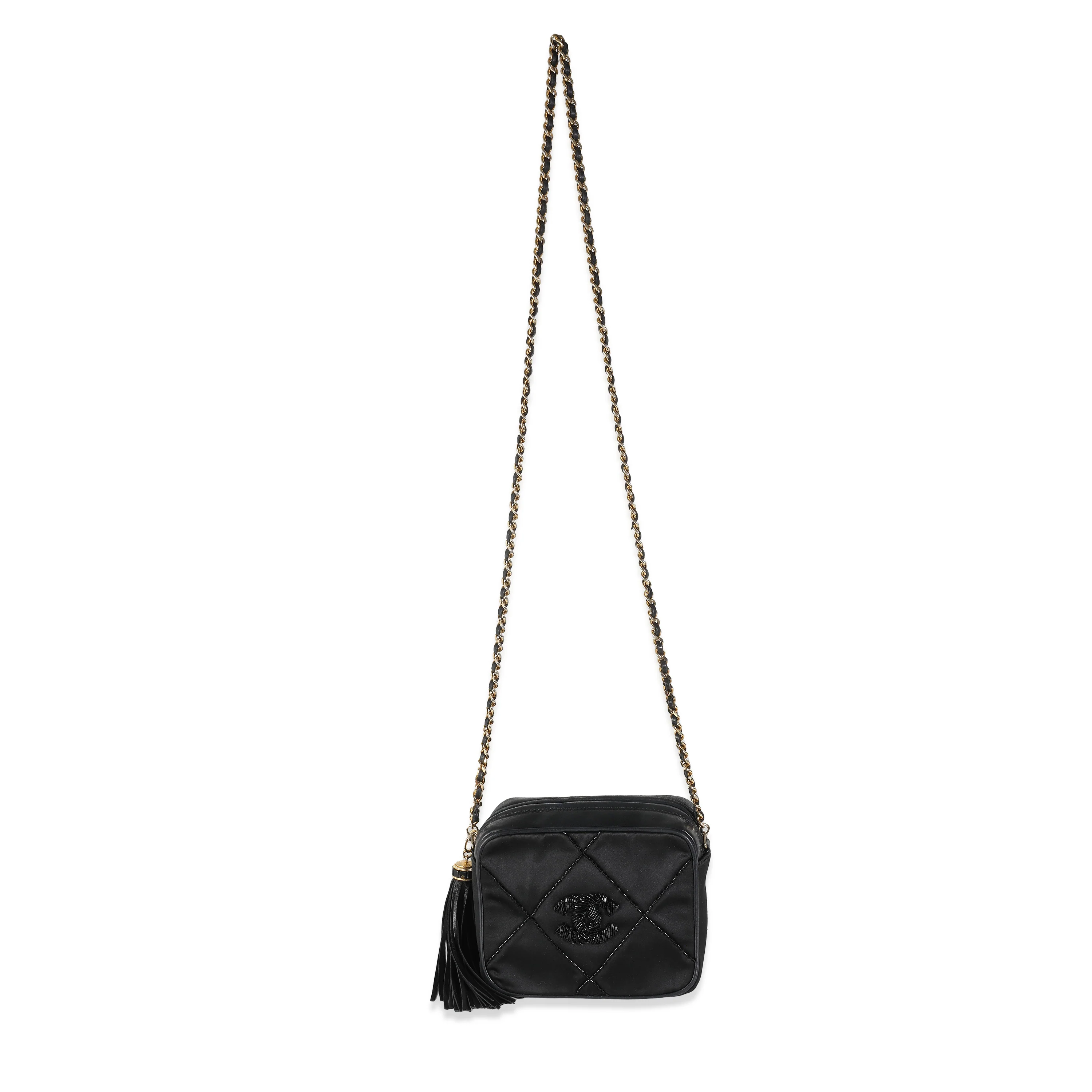 Black Quilted Satin Mini Tassel Camera Bag - Image 8