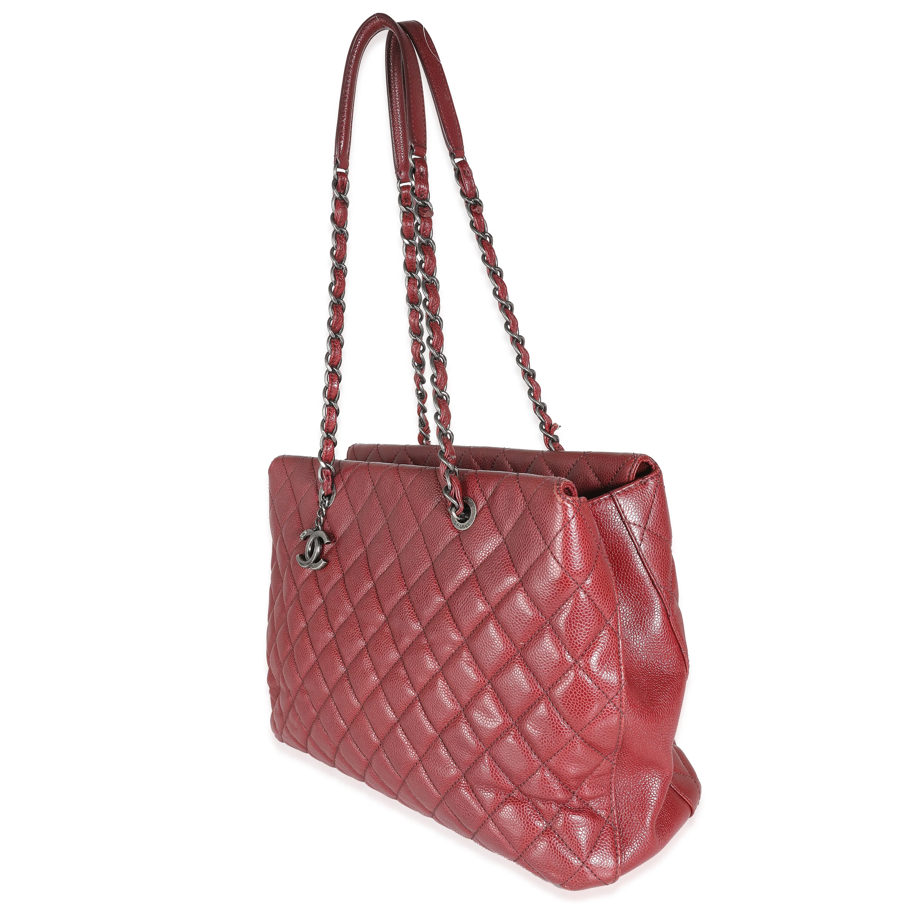 Burgundy Quilted Caviar Large City Shopping Tote - Image 2