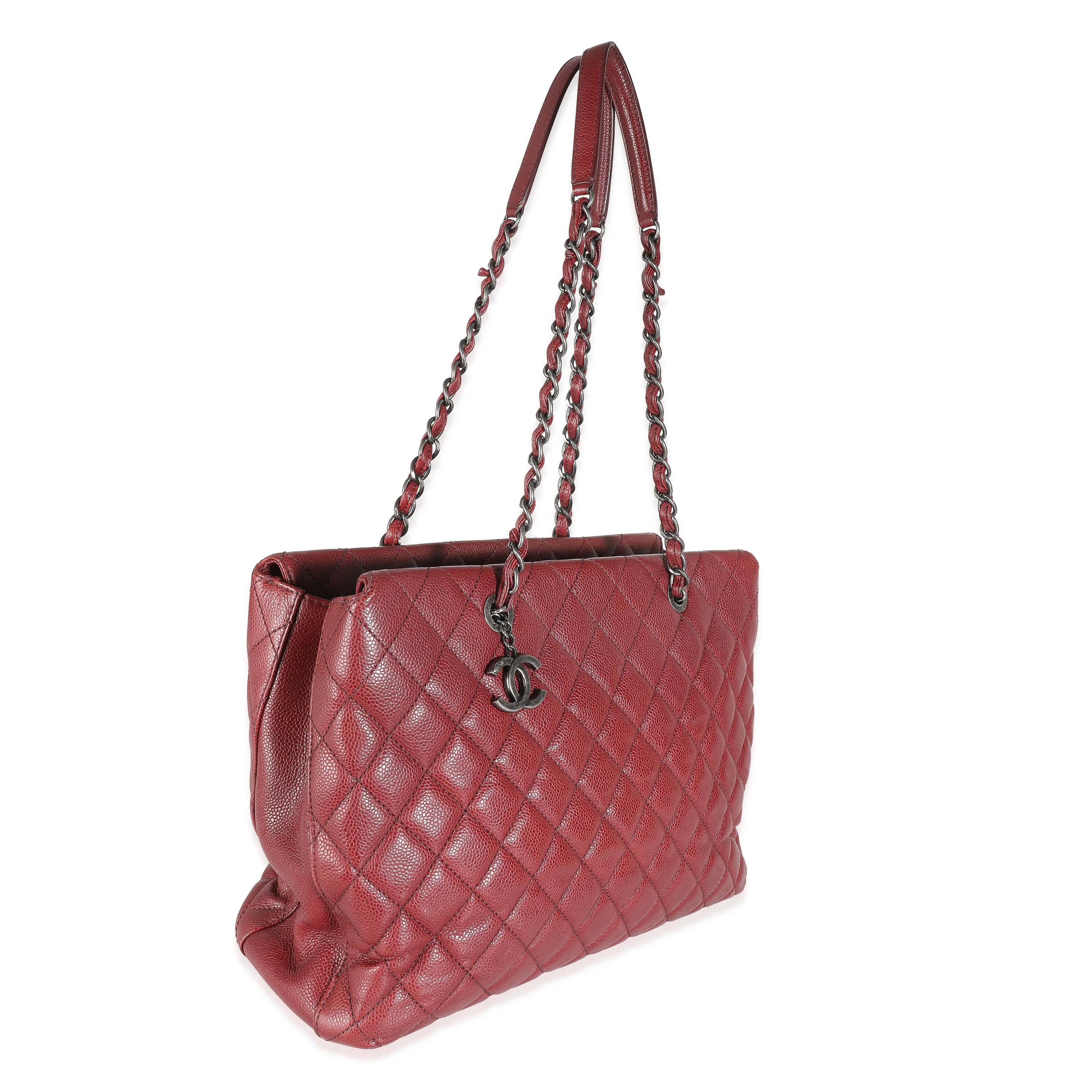 Burgundy Quilted Caviar Large City Shopping Tote - Image 3