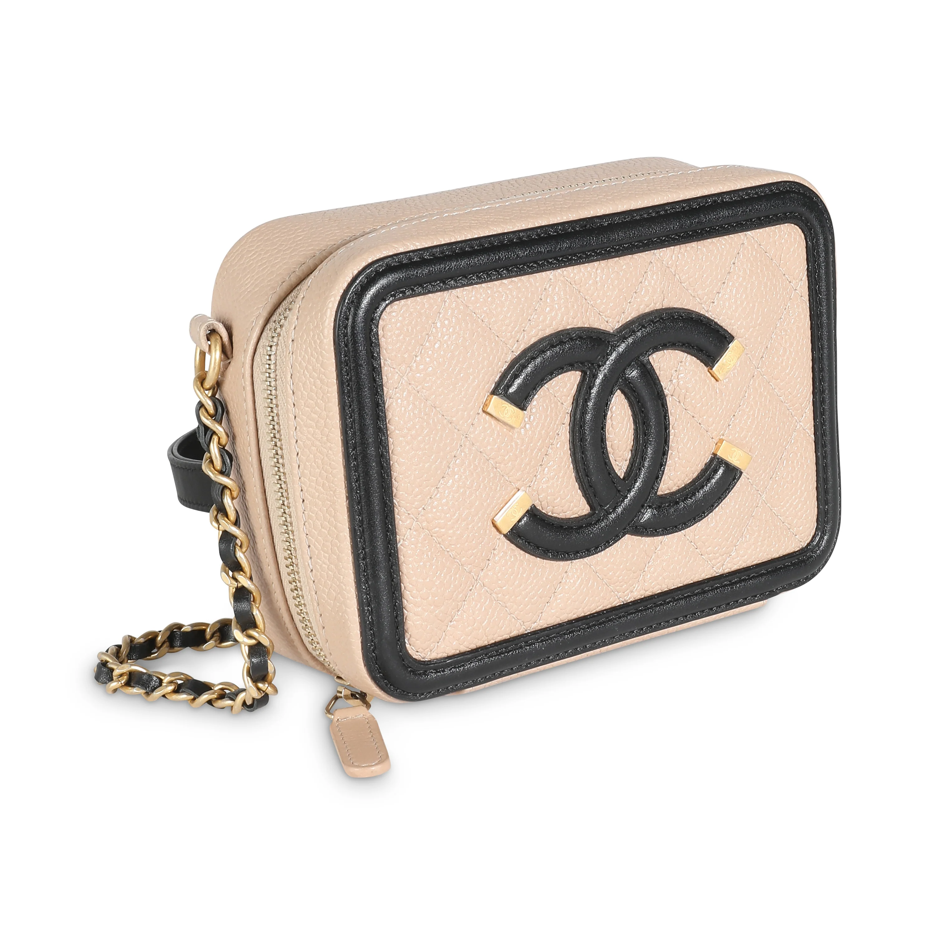 Beige Black Quilted Caviar Mini Filigree Vanity Clutch With Chain - Image 3
