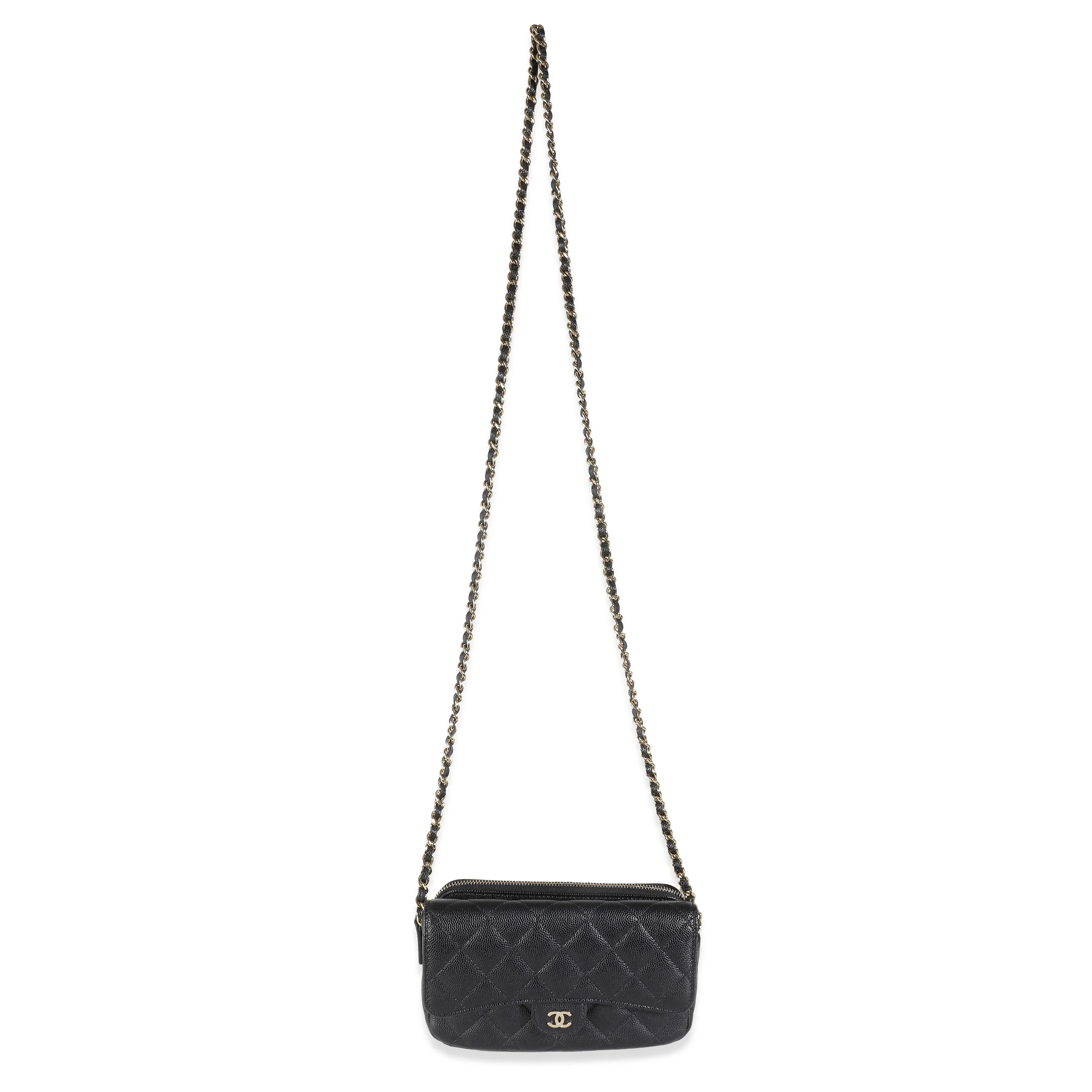 Black Quilted Caviar Flap Phone Handbag With Chain - Image 8