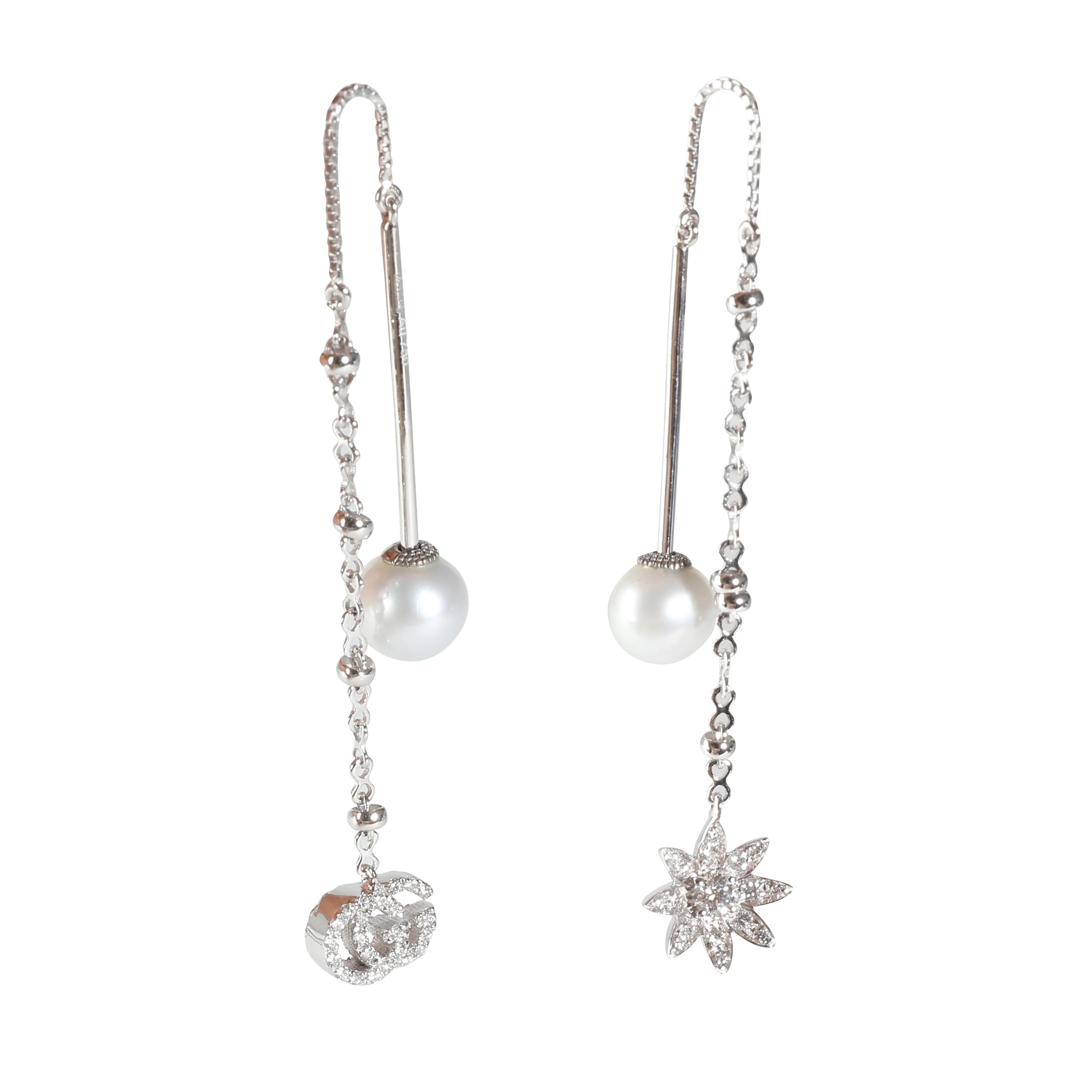 Flora Diamond & Pearl Threader Earrings in 18k White Gold 0.24 CTW