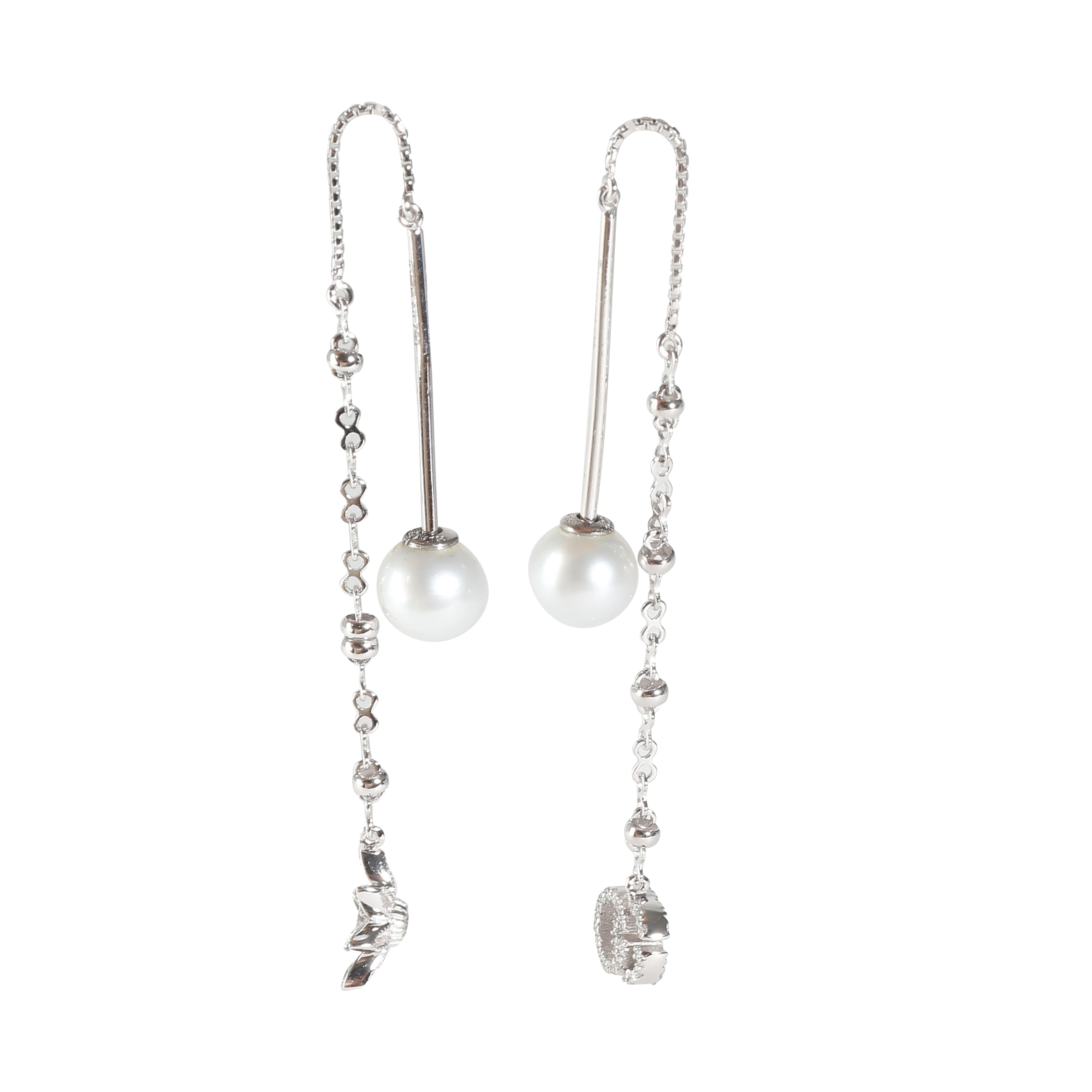 Flora Diamond & Pearl Threader Earrings in 18k White Gold 0.24 CTW - Image 2