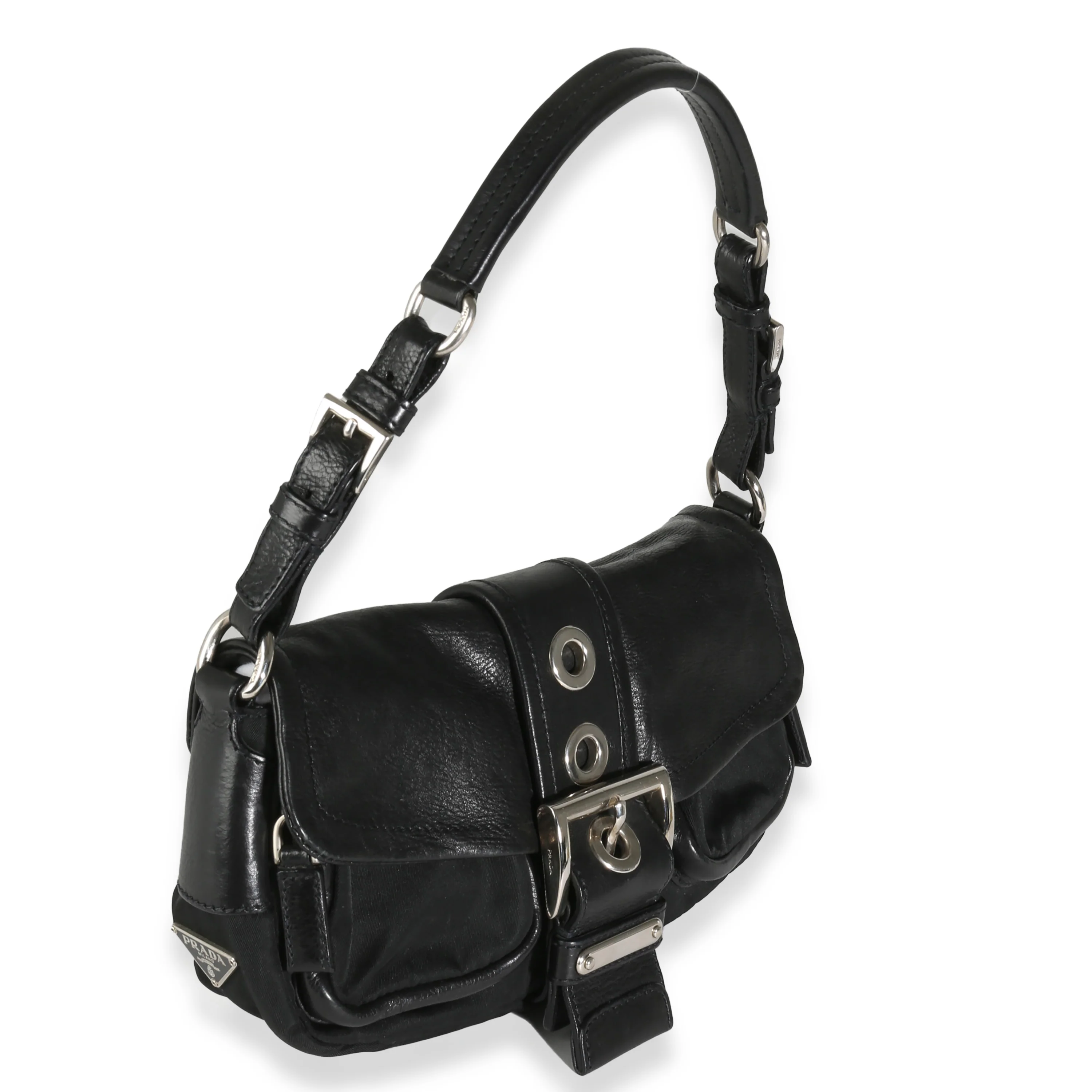 Black Calfskin Nylon Front Buckle Shoulder Bag - Image 3