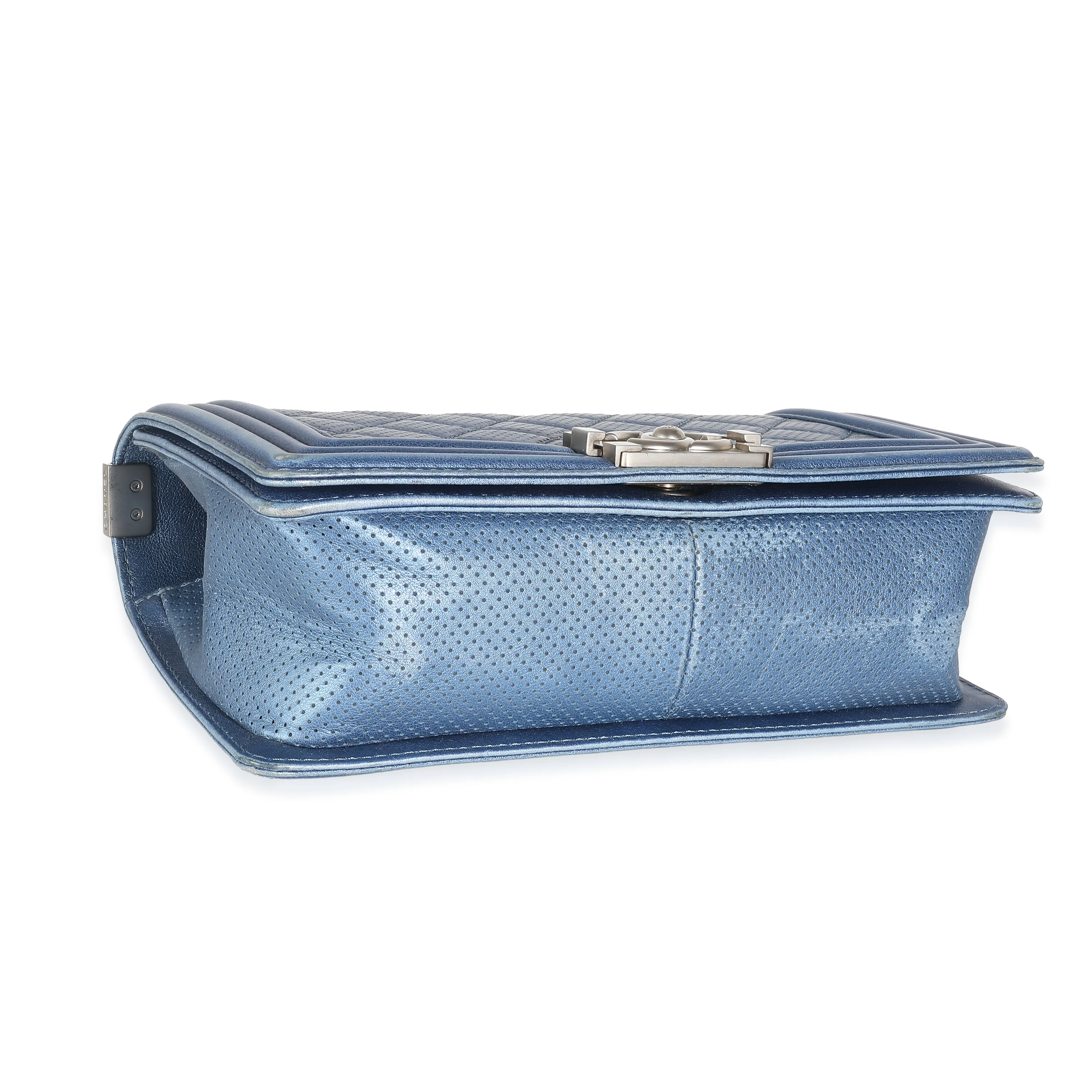 Blue Metallic Quilted Lambskin Perforated Old Medium Boy Bag - Image 6