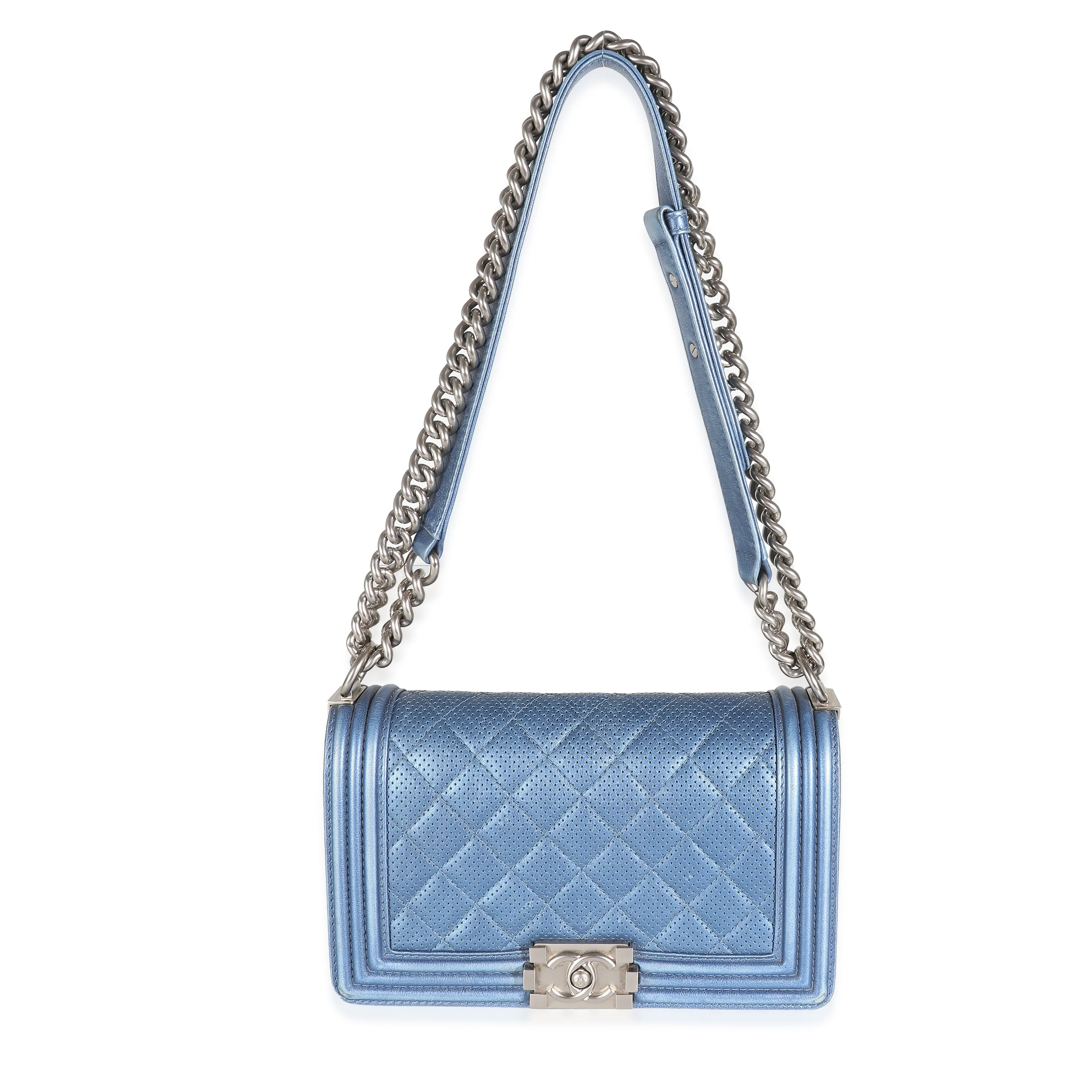 Blue Metallic Quilted Lambskin Perforated Old Medium Boy Bag - Image 8
