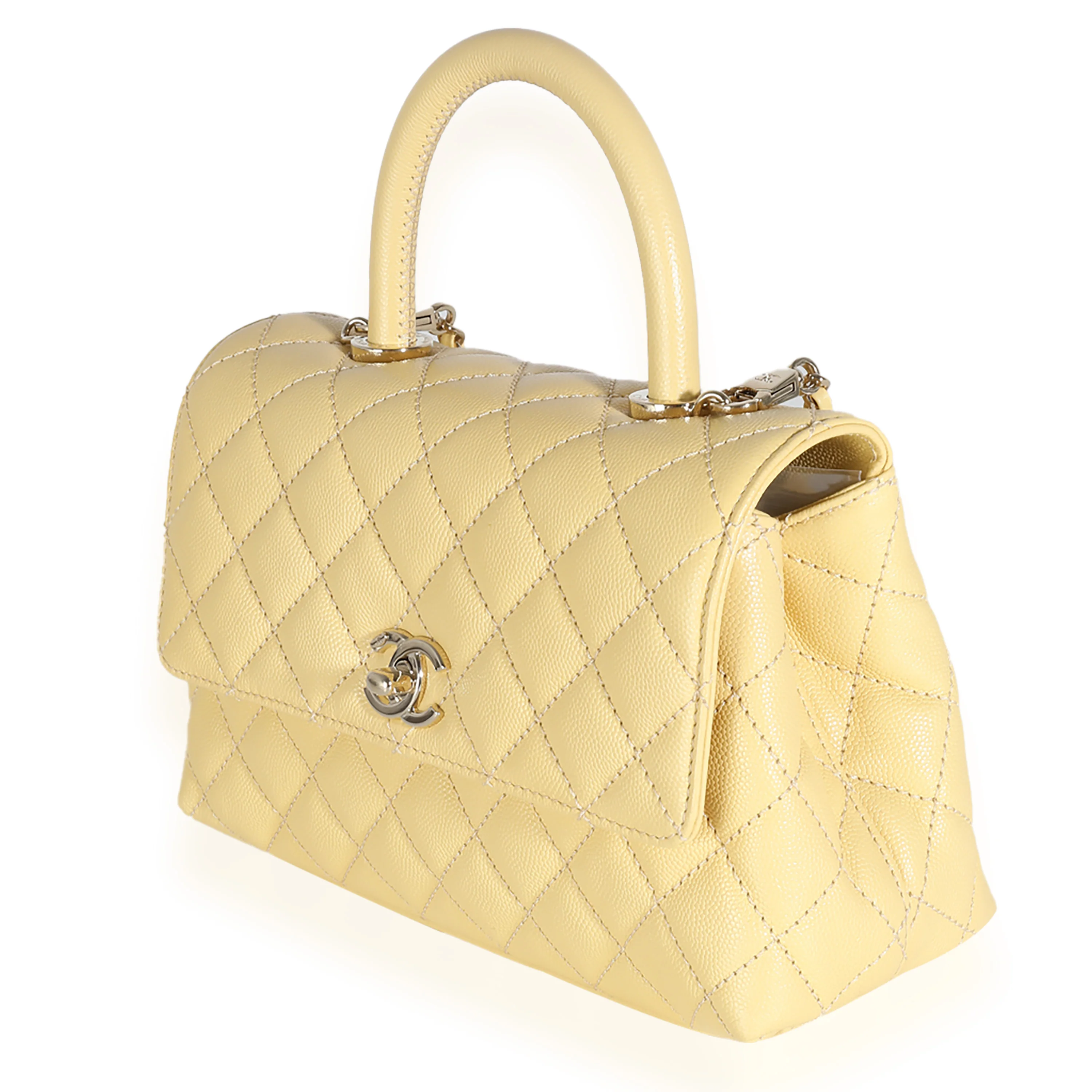 Yellow Quilted Caviar Small Coco Top Handle Bag - Image 2