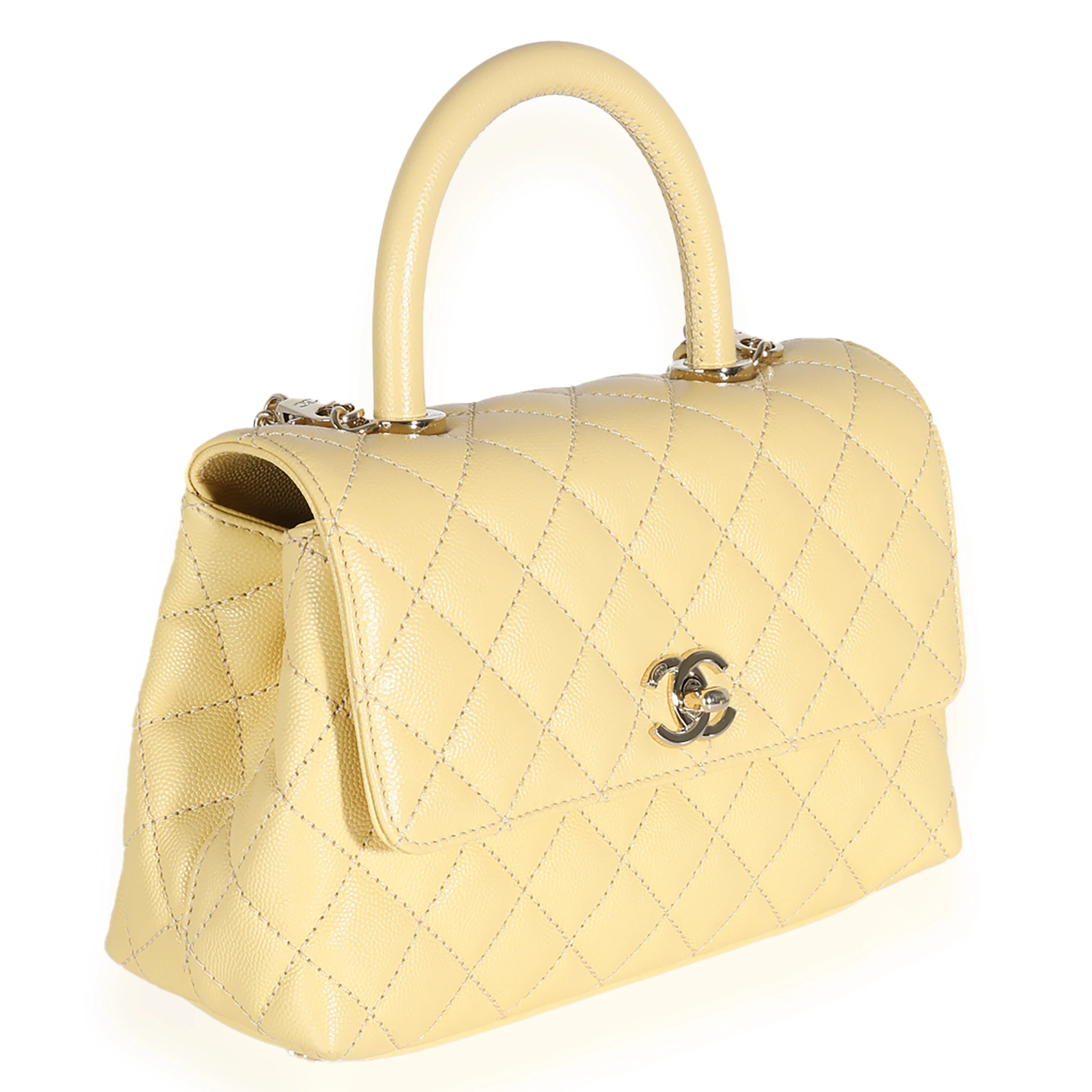 Yellow Quilted Caviar Small Coco Top Handle Bag - Image 3