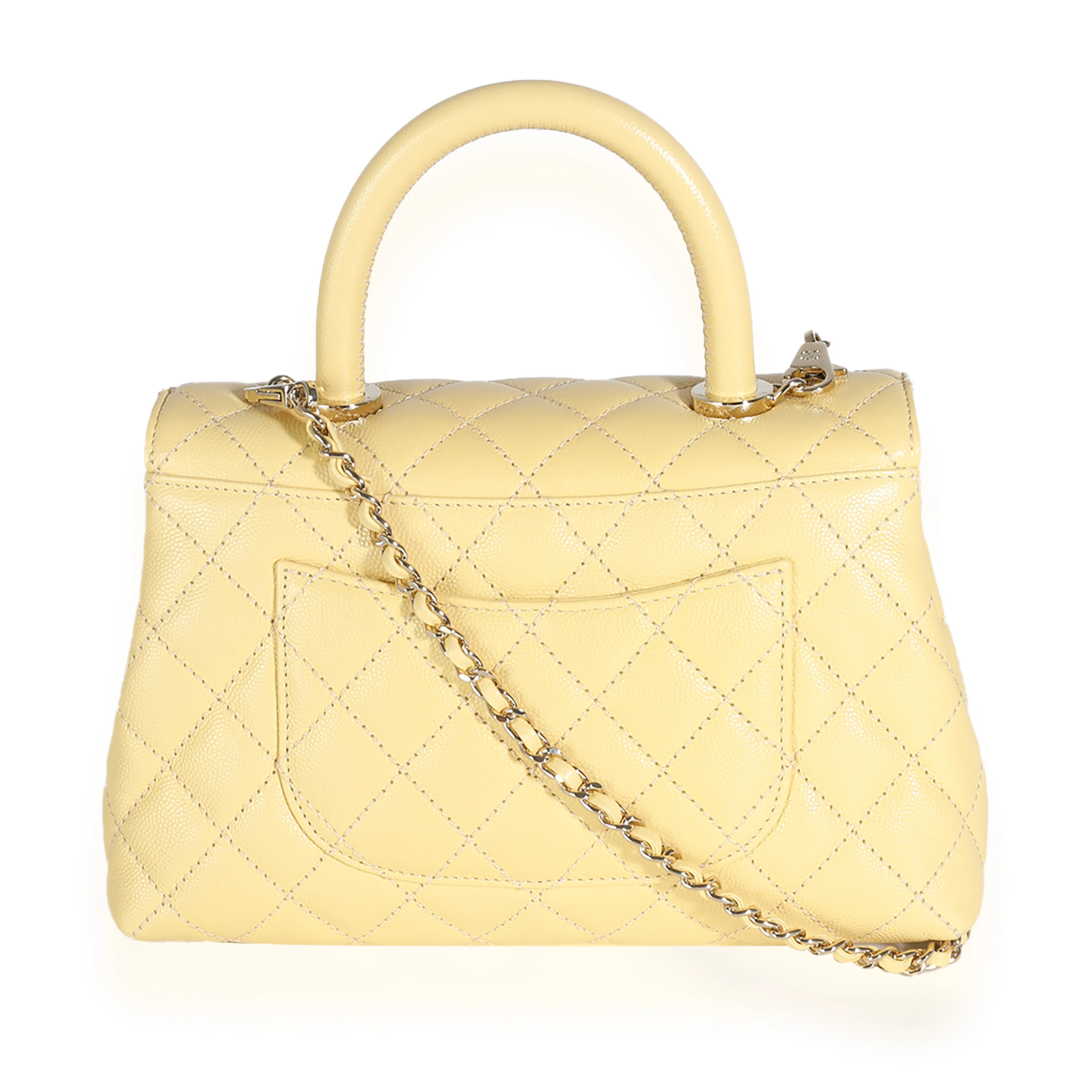 Yellow Quilted Caviar Small Coco Top Handle Bag - Image 4