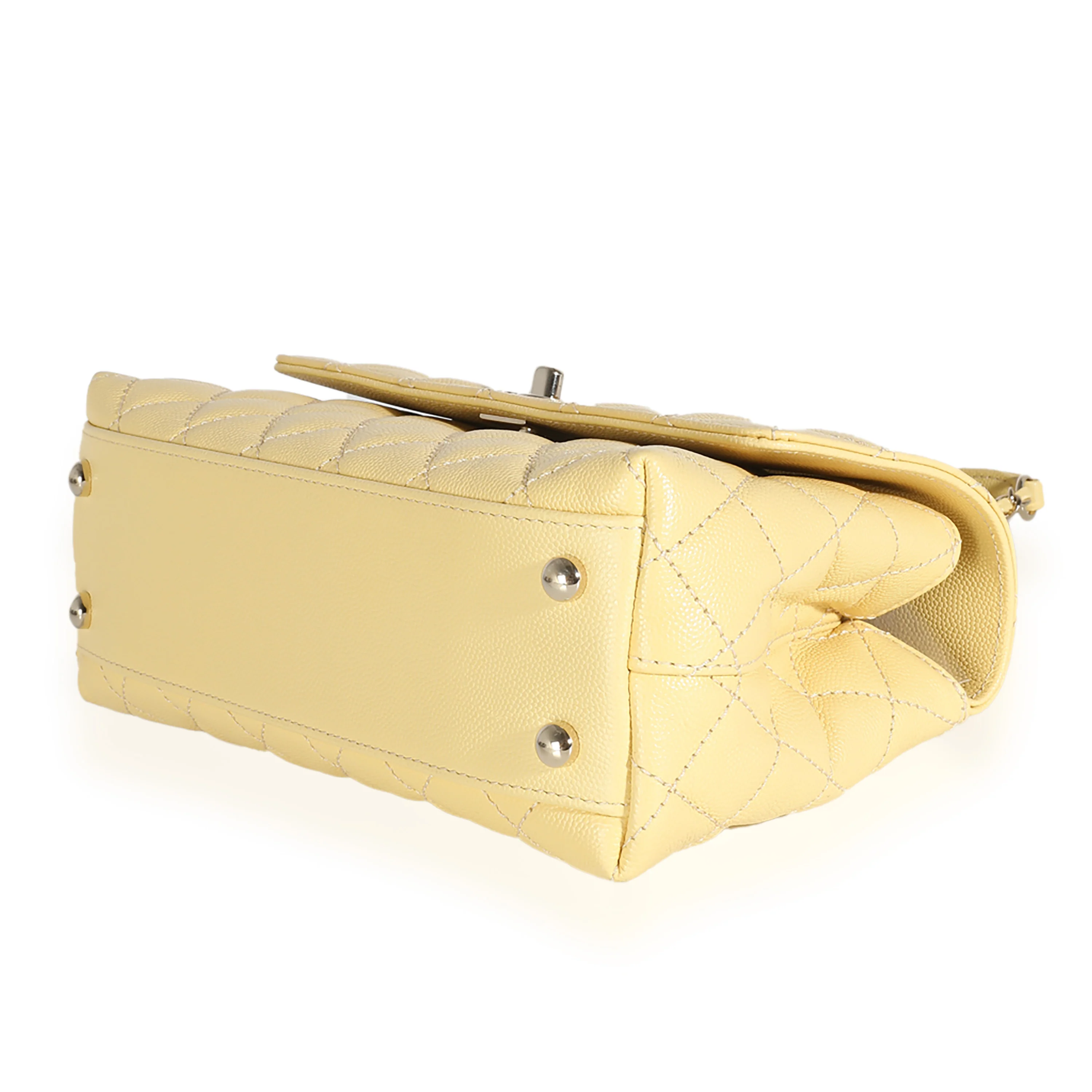 Yellow Quilted Caviar Small Coco Top Handle Bag - Image 7