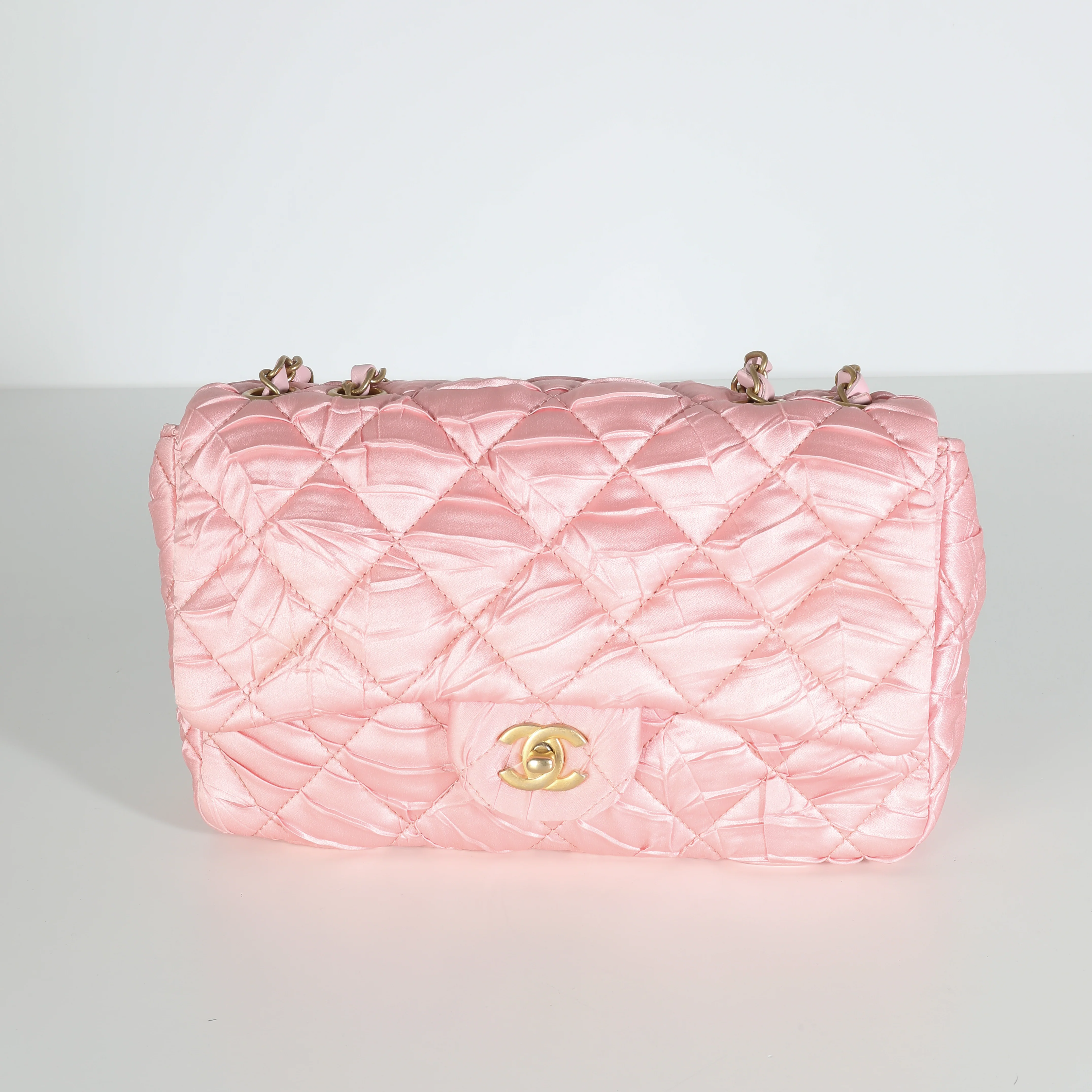 Pink Quilted Pleated Satin Medium Single Flap Bag