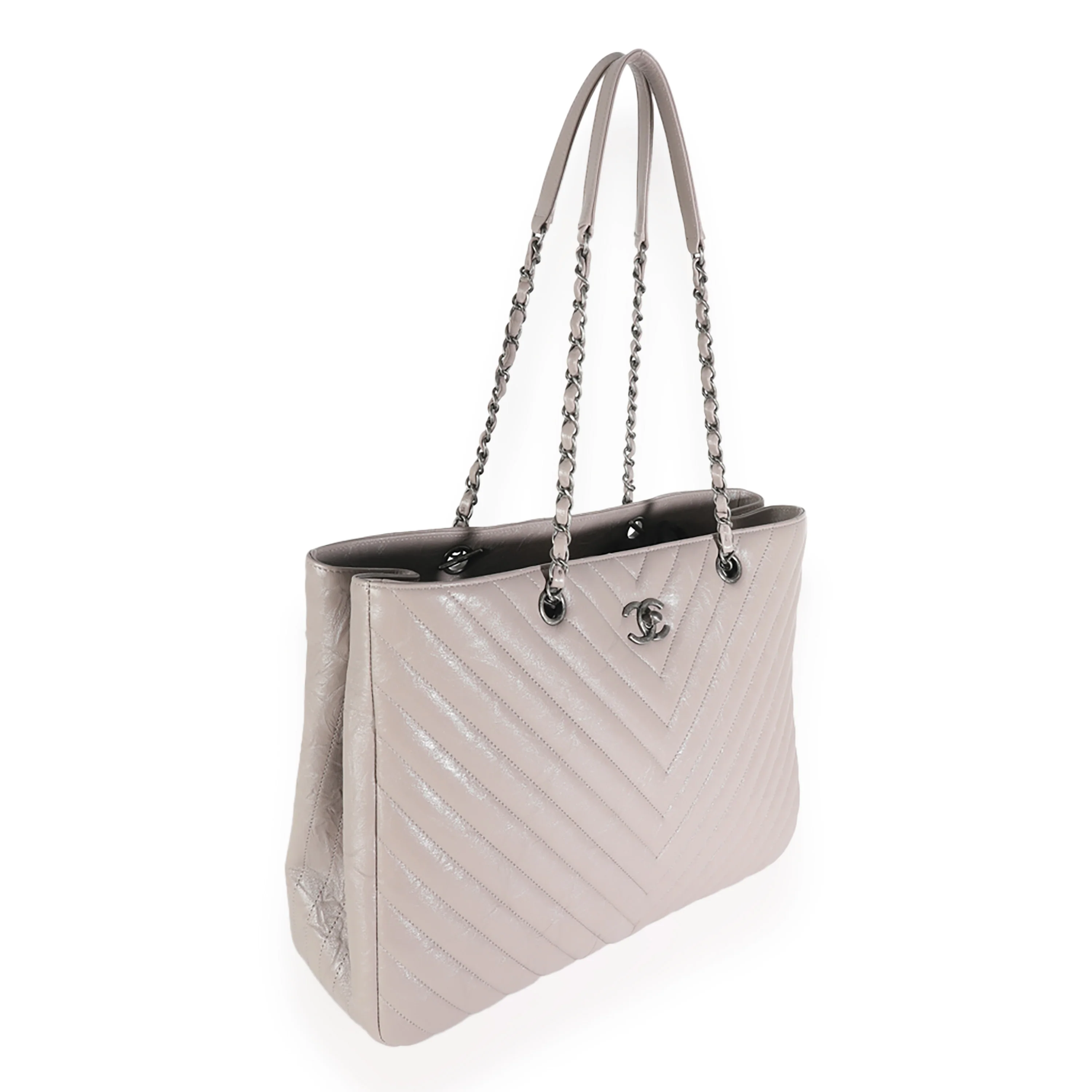 Grey Chevron Quilted Aged Calfskin Large Shopping Tote - Image 3