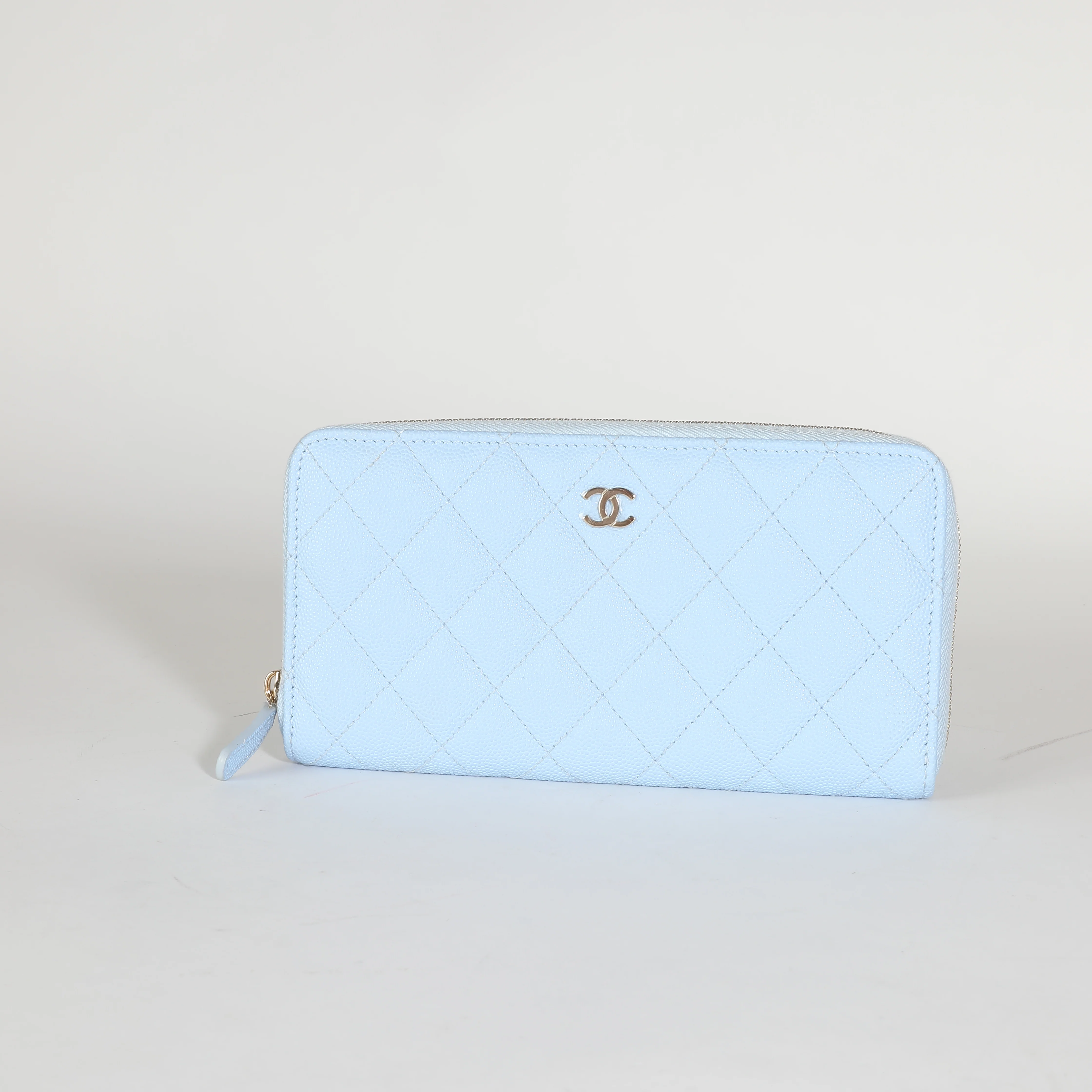 23P Light Blue Quilted Caviar Long Zip Around Wallet