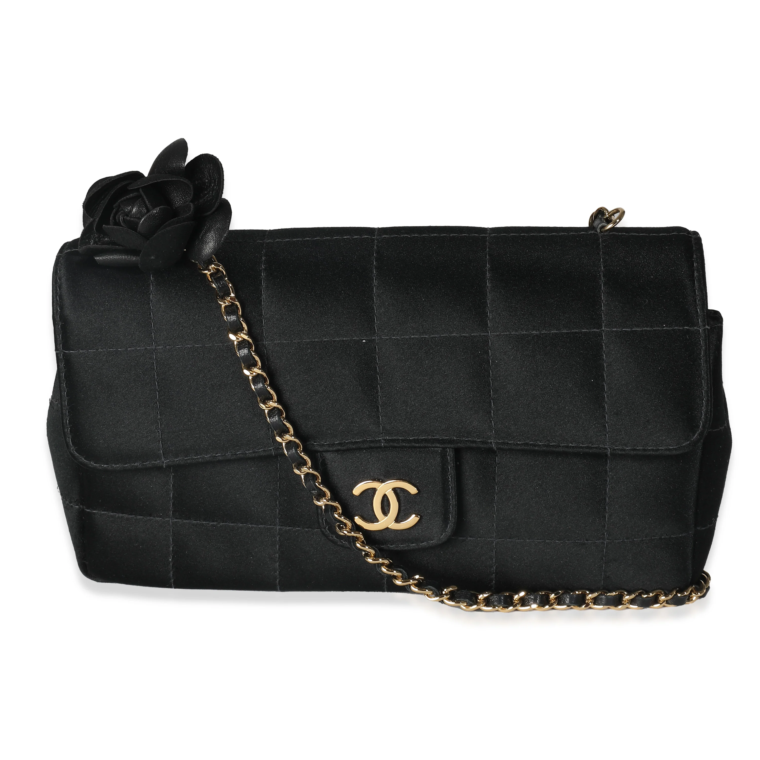 Black Quilted Satin Mini Chocolate Bar Flap Bag - Image 2