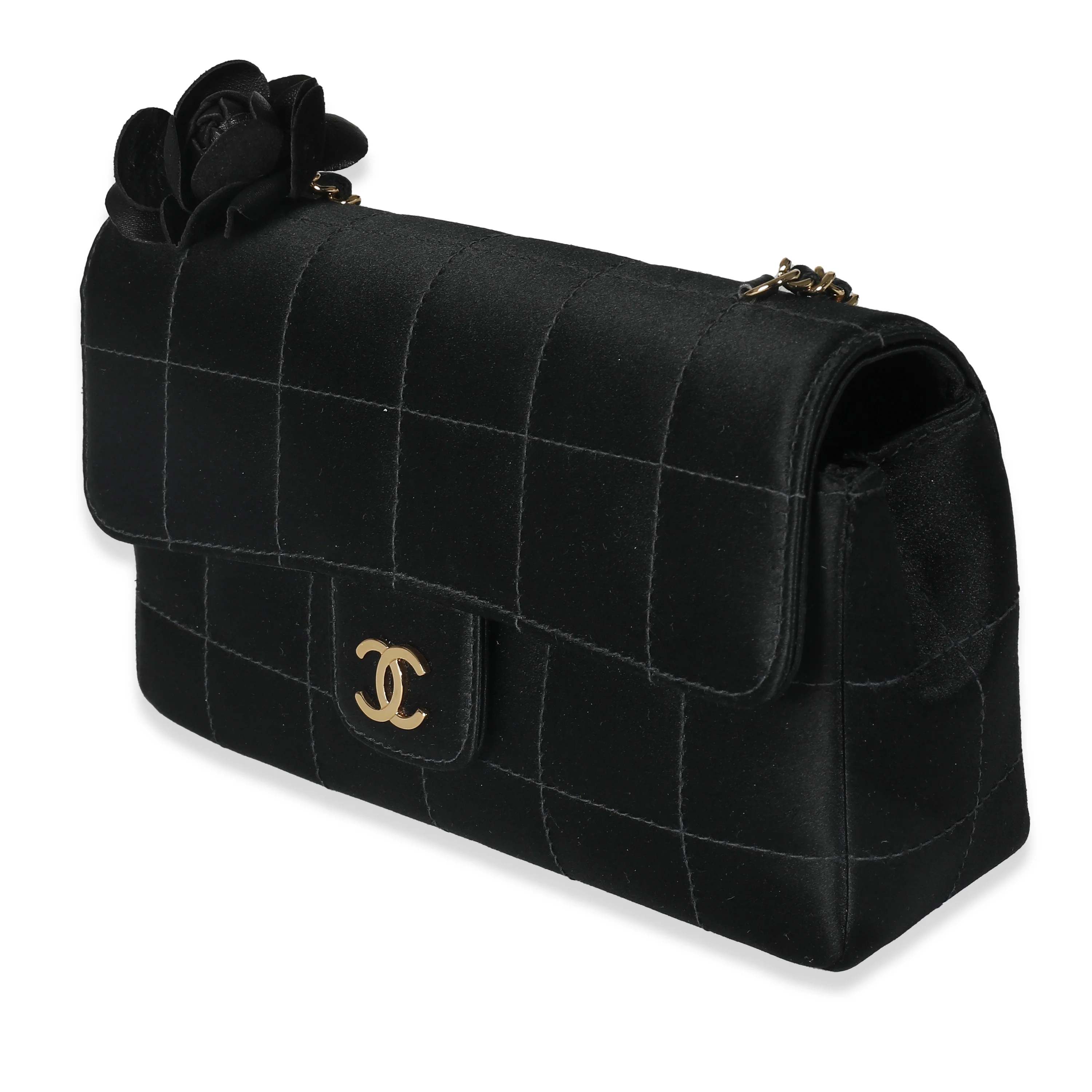 Black Quilted Satin Mini Chocolate Bar Flap Bag - Image 3