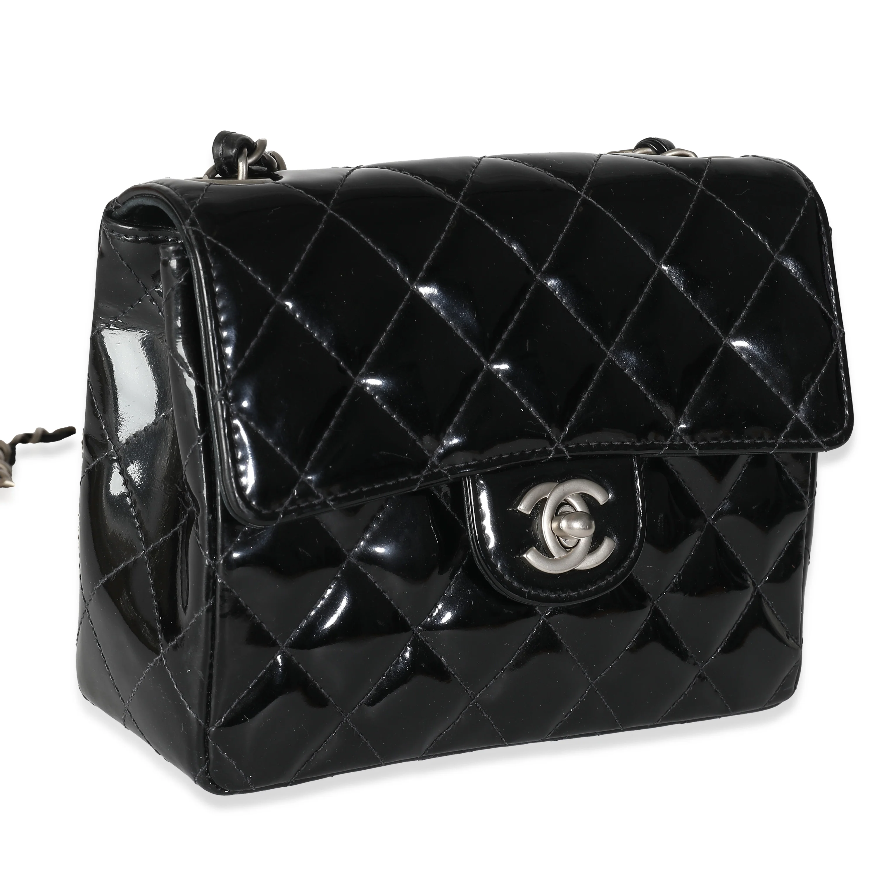 Vintage Black Quilted Patent Mini Square Flap Bag - Image 3