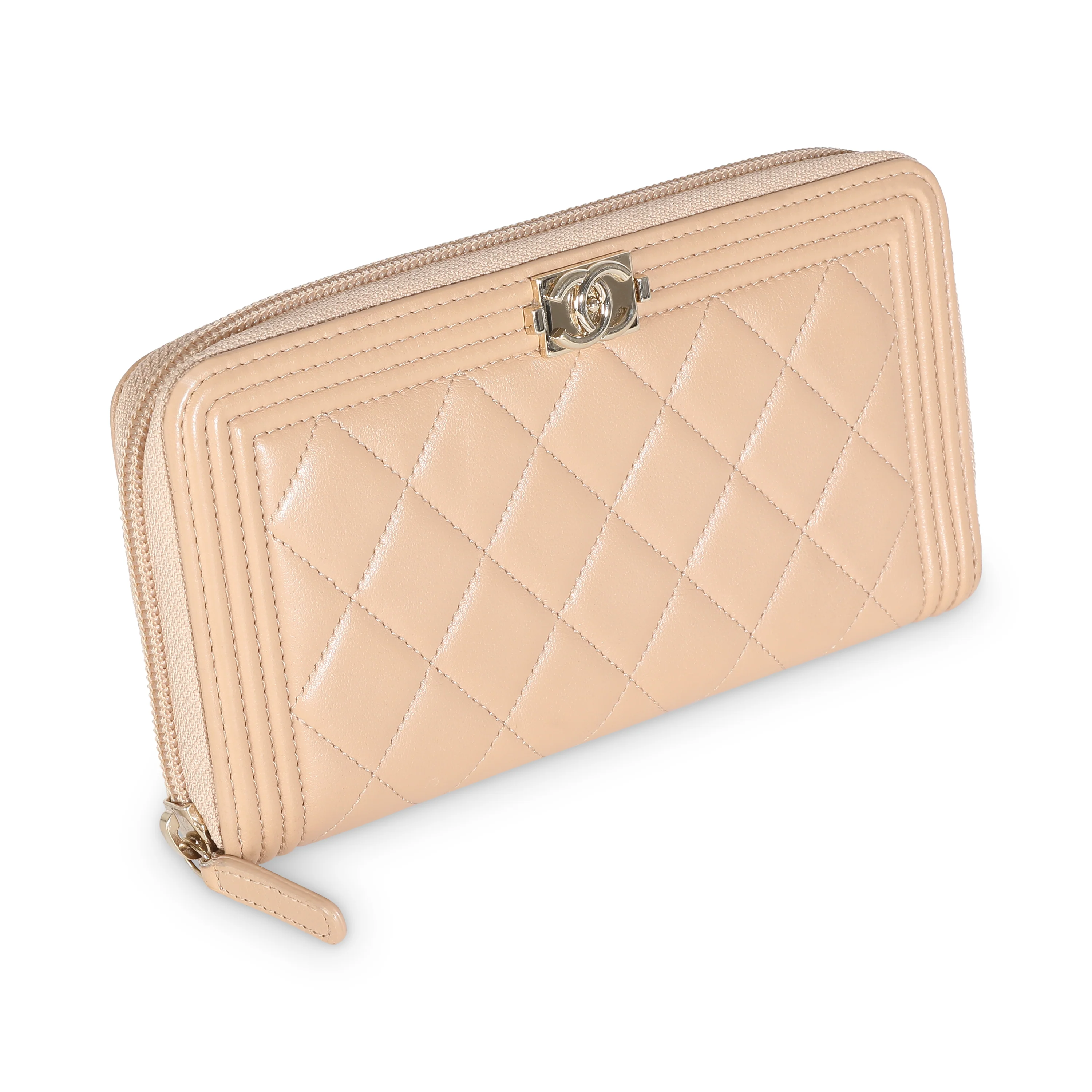Beige Quilted Lambskin Zip Around Boy Wallet - Image 3