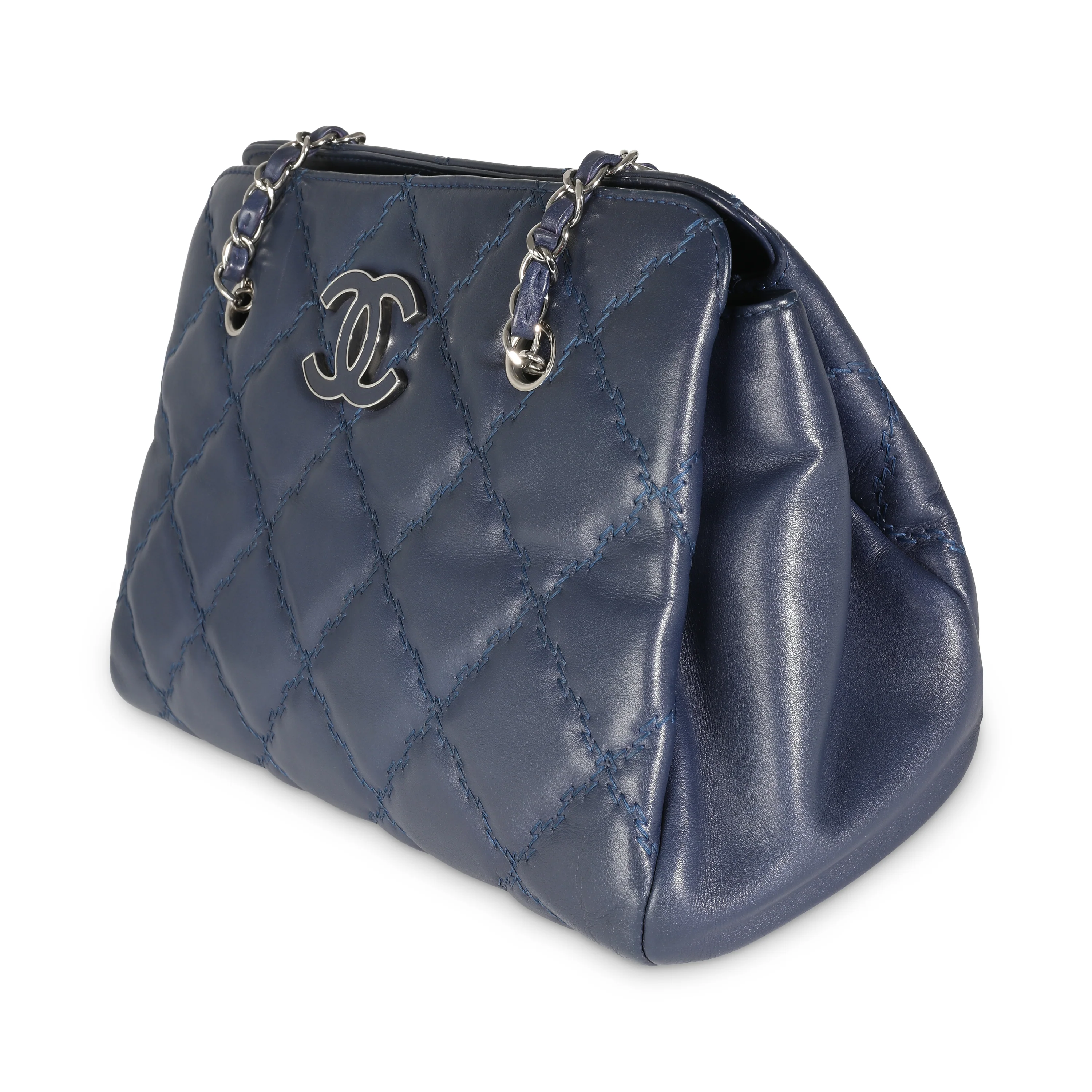 Navy Calfskin Double Stitch Small Hamptons Tote - Image 2