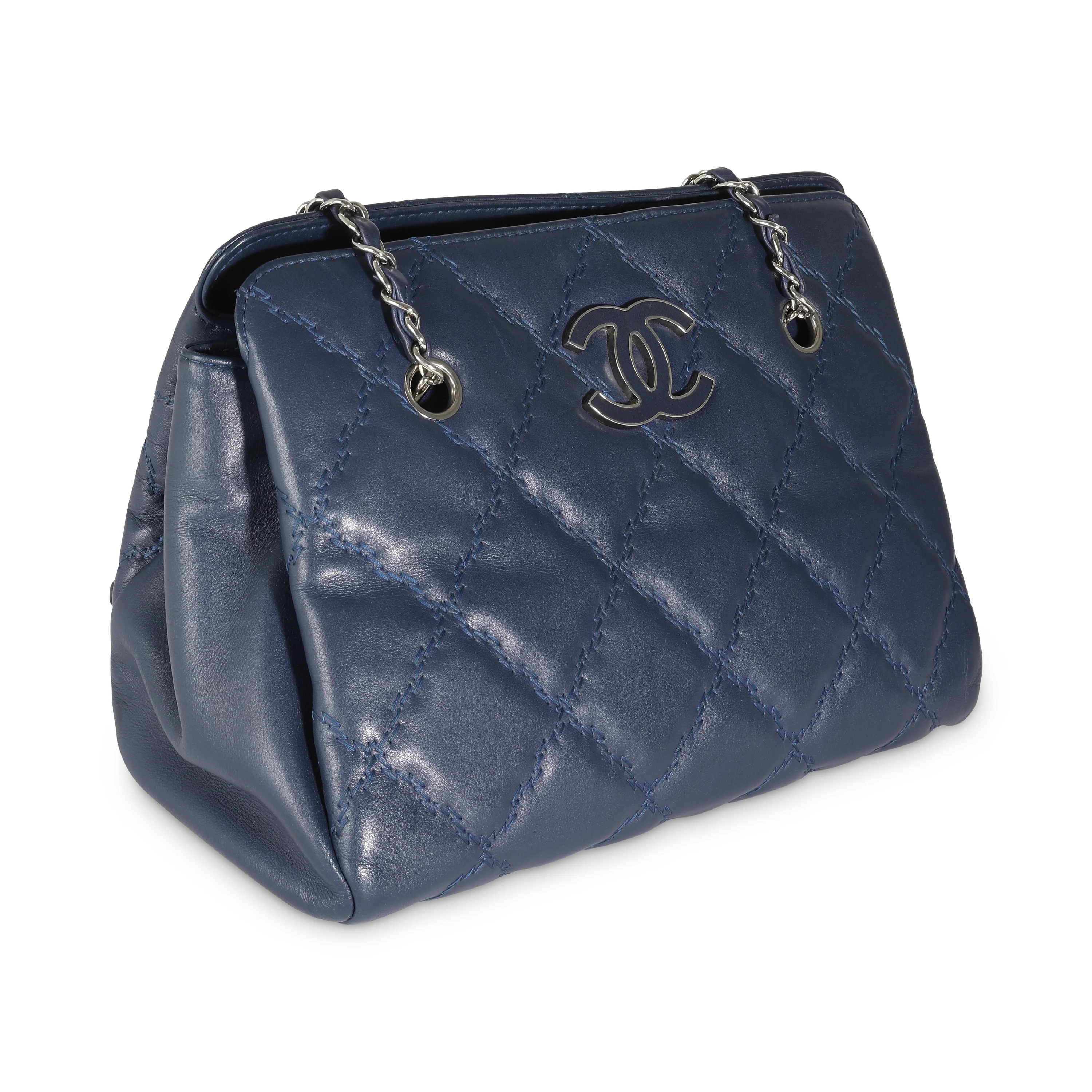 Navy Calfskin Double Stitch Small Hamptons Tote - Image 3