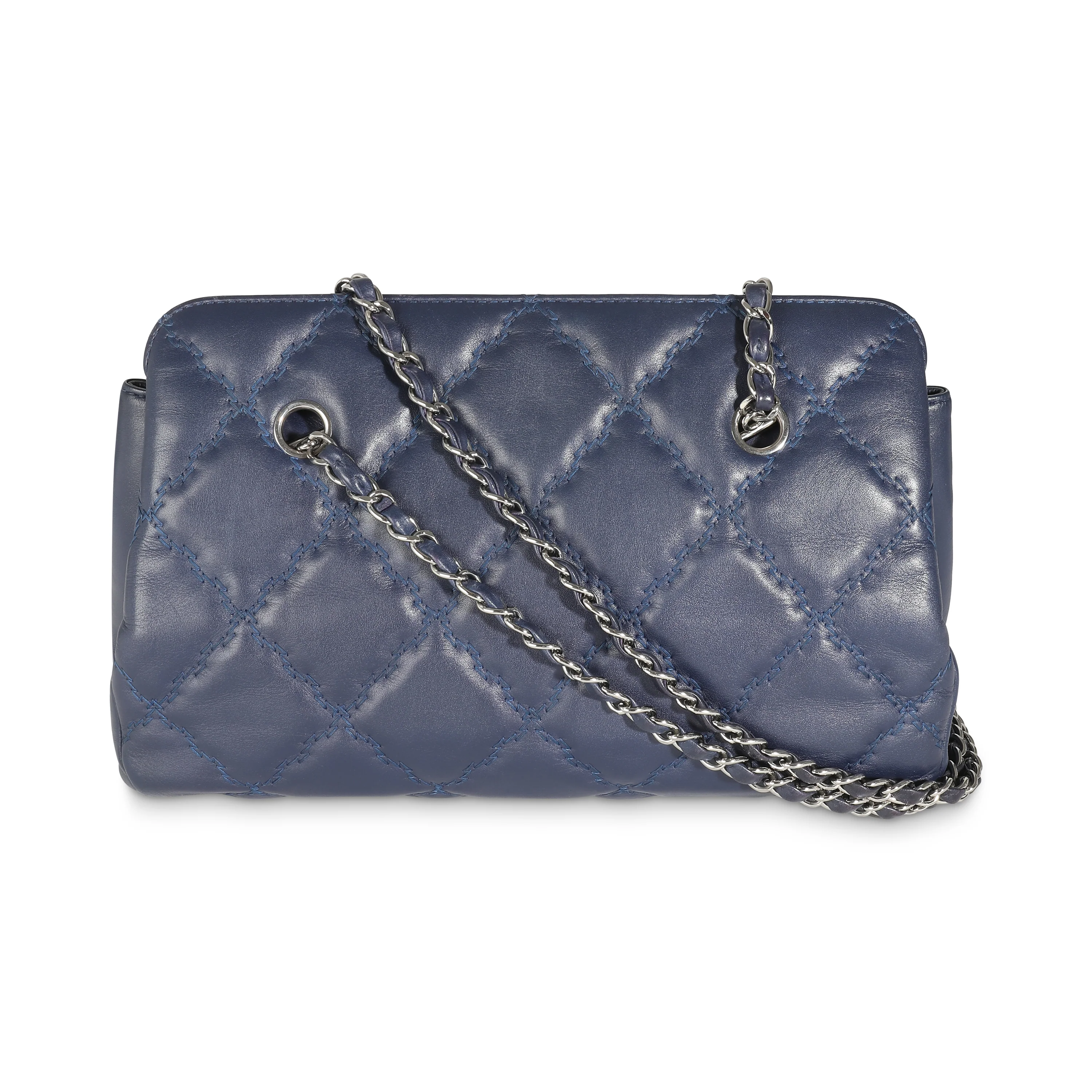 Navy Calfskin Double Stitch Small Hamptons Tote - Image 4