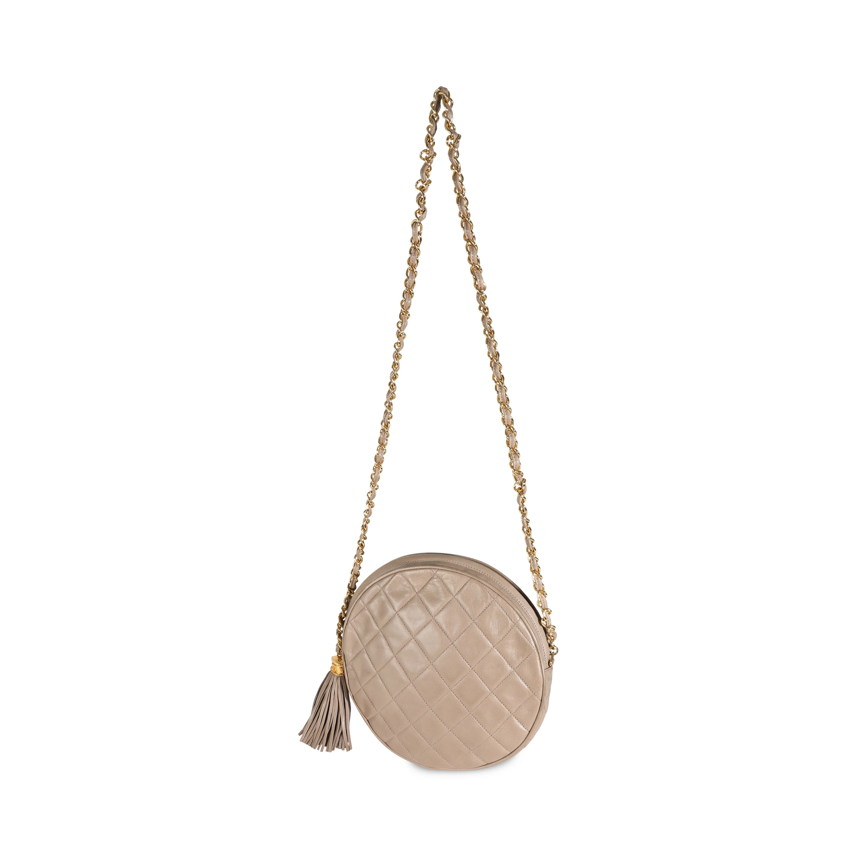 Beige Quilted Lambskin Round Tassel Chain Bag - Image 8