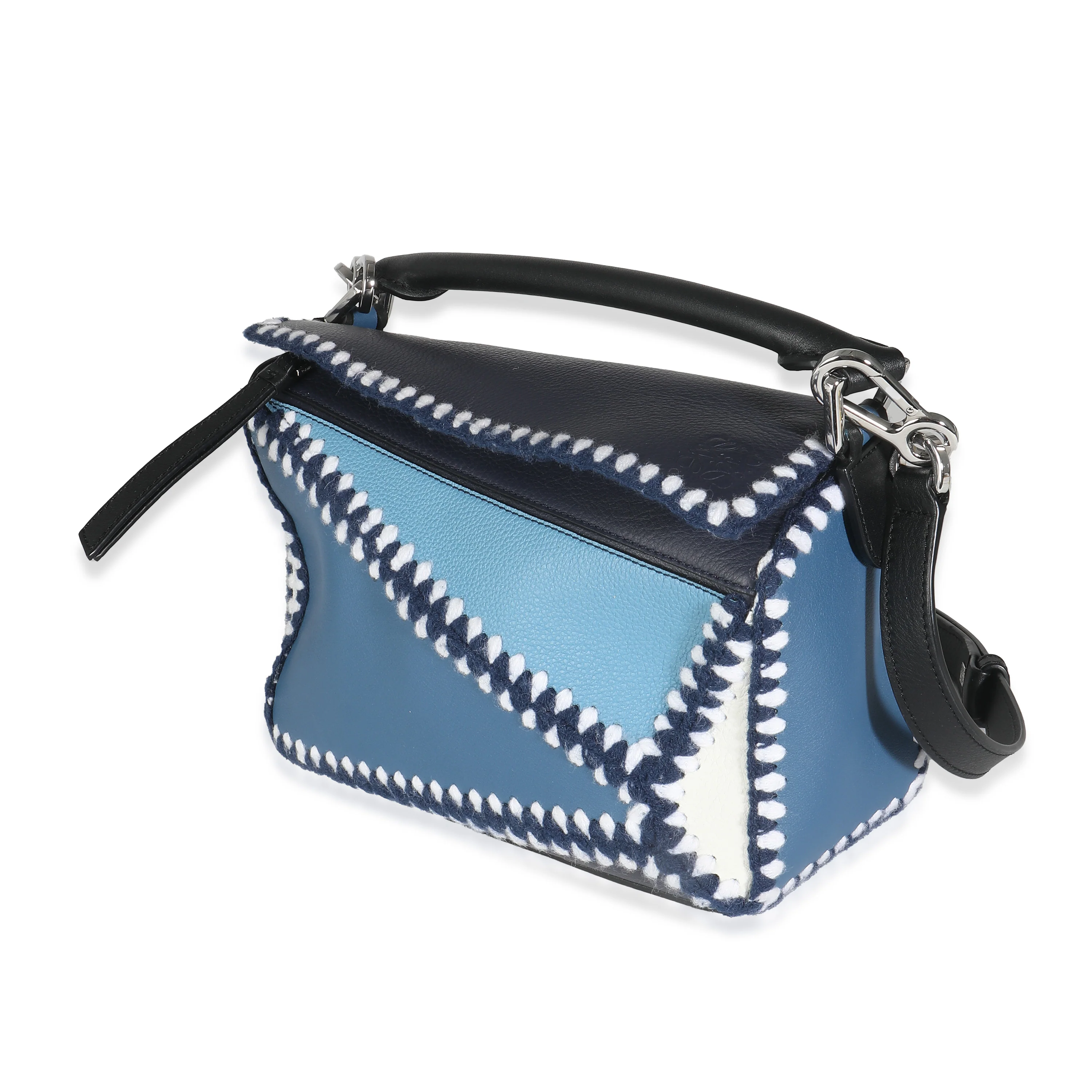 Blue White Tricolour Calfskin Crochet Trim Small Puzzle Bag - Image 2