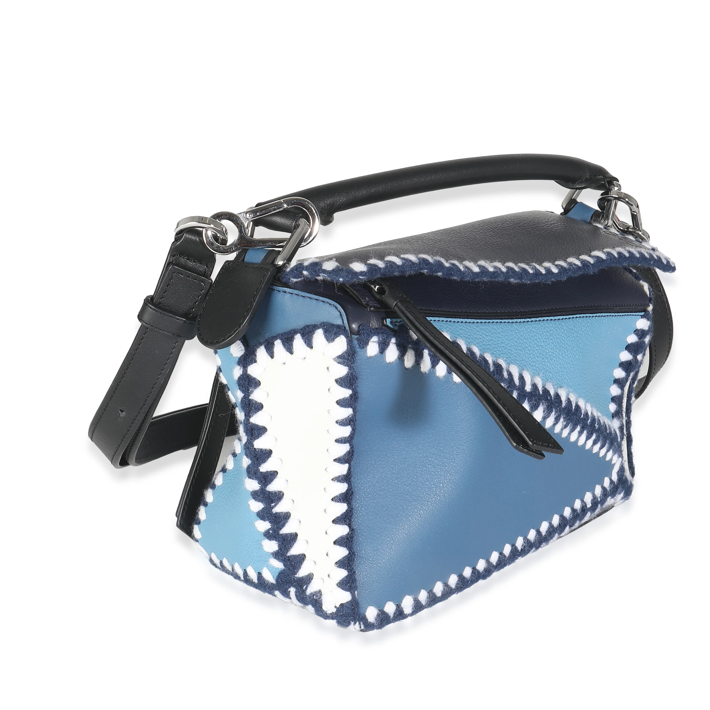 Blue White Tricolour Calfskin Crochet Trim Small Puzzle Bag - Image 3