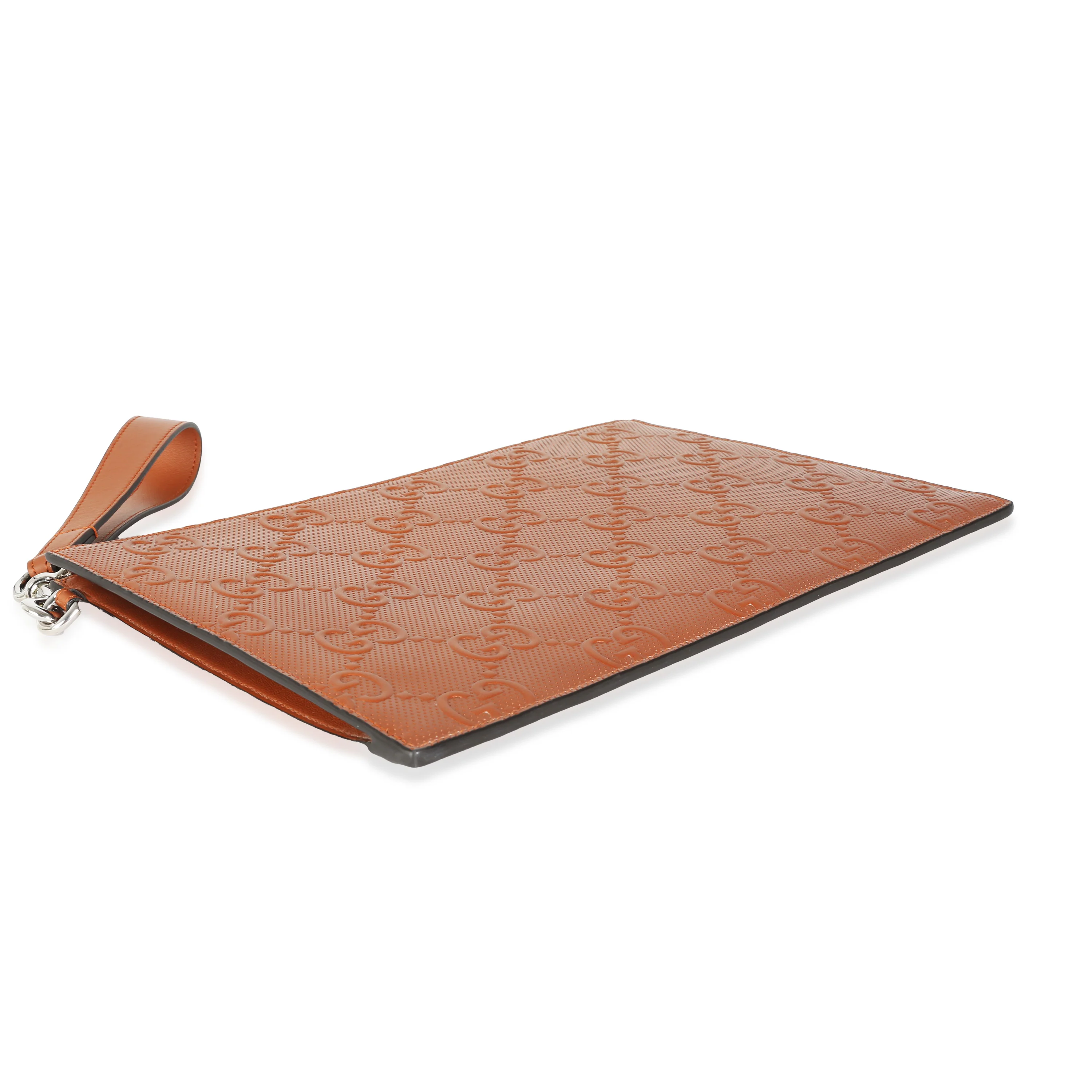 Brown Leather Jumbo GG Embossed Wristlet Pouch - Image 6