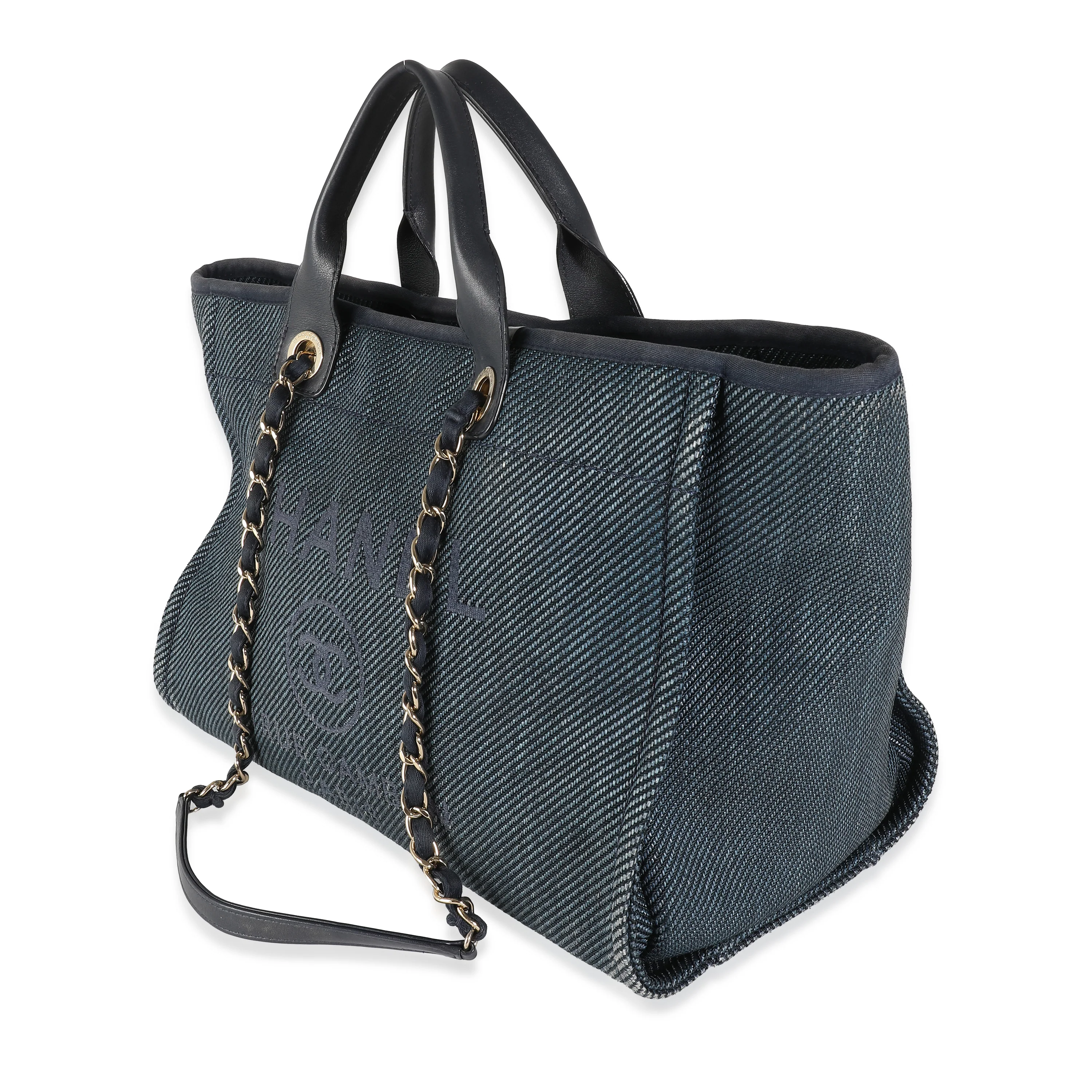 Navy Blue Woven Straw Raffia Medium Deauville Tote - Image 2