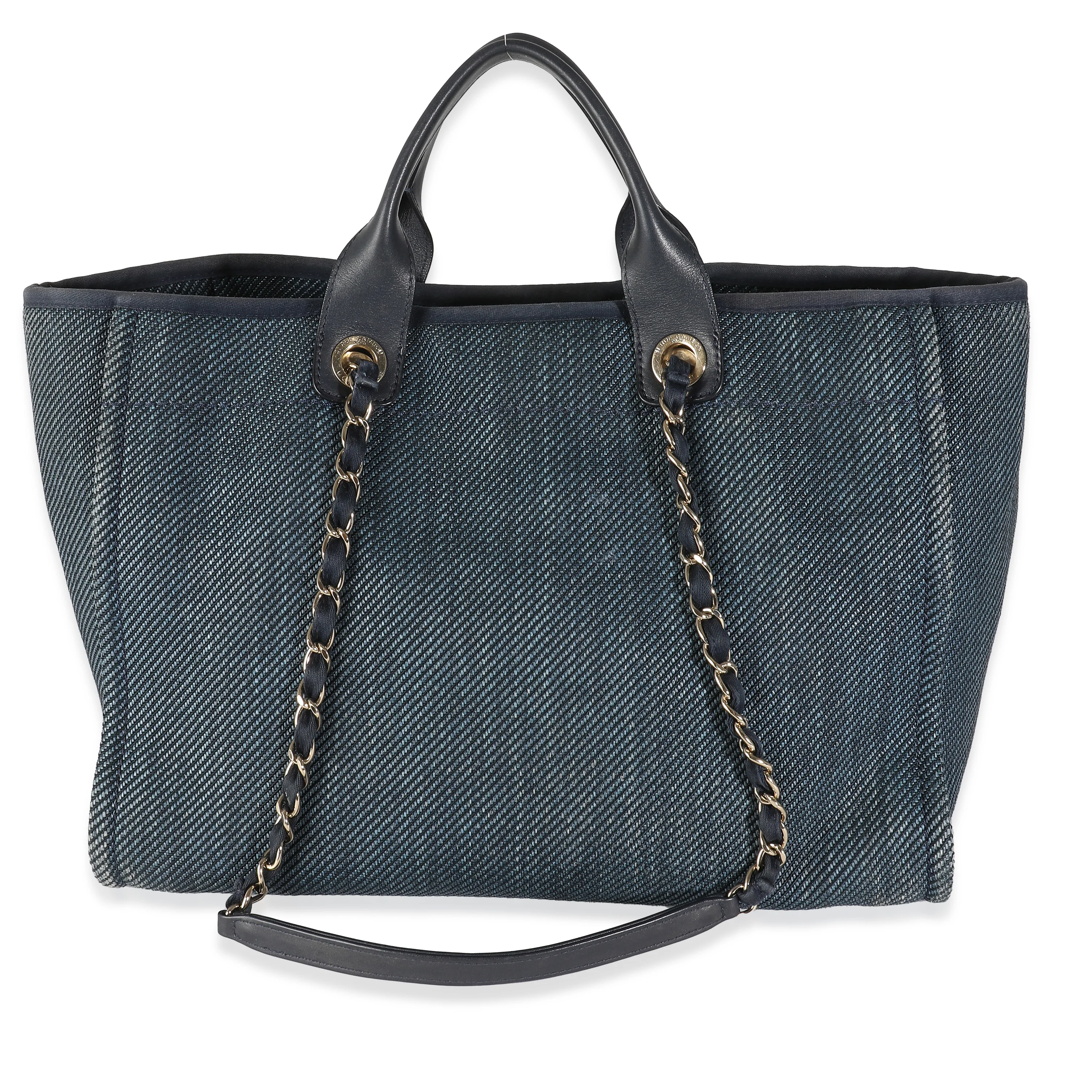 Navy Blue Woven Straw Raffia Medium Deauville Tote - Image 4