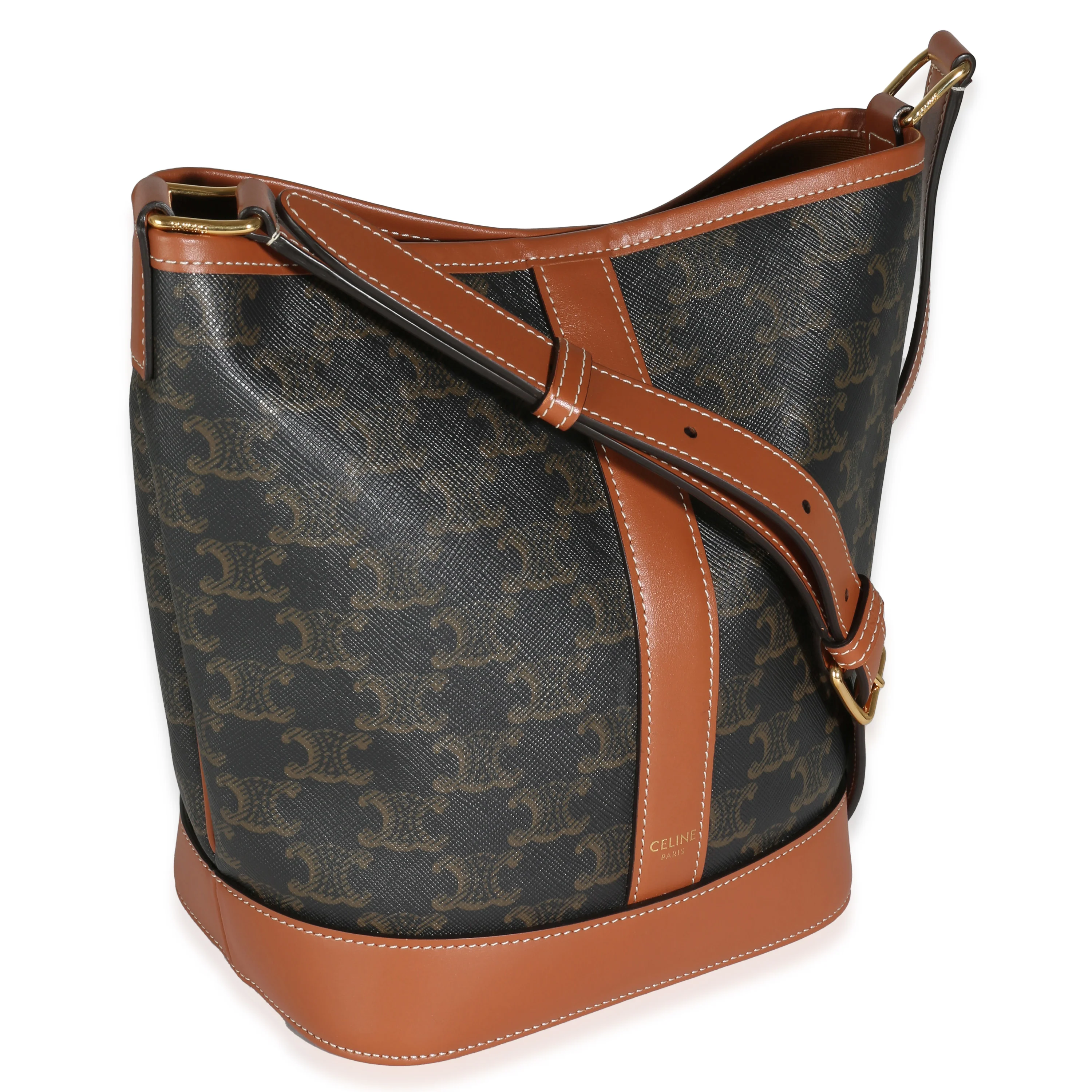 Tan Calfskin Triomphe Canvas Small Bucket Bag - Image 3
