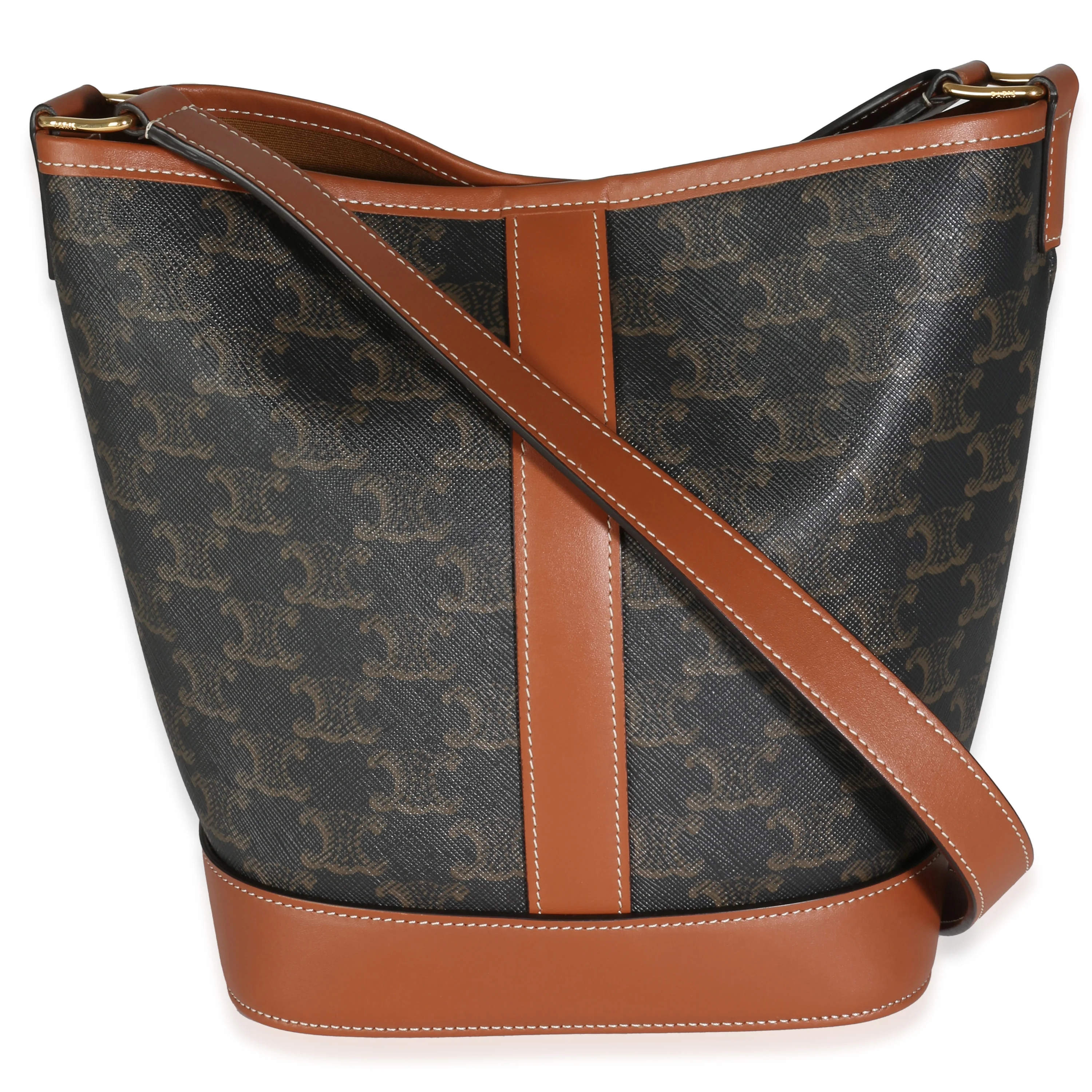 Tan Calfskin Triomphe Canvas Small Bucket Bag - Image 4
