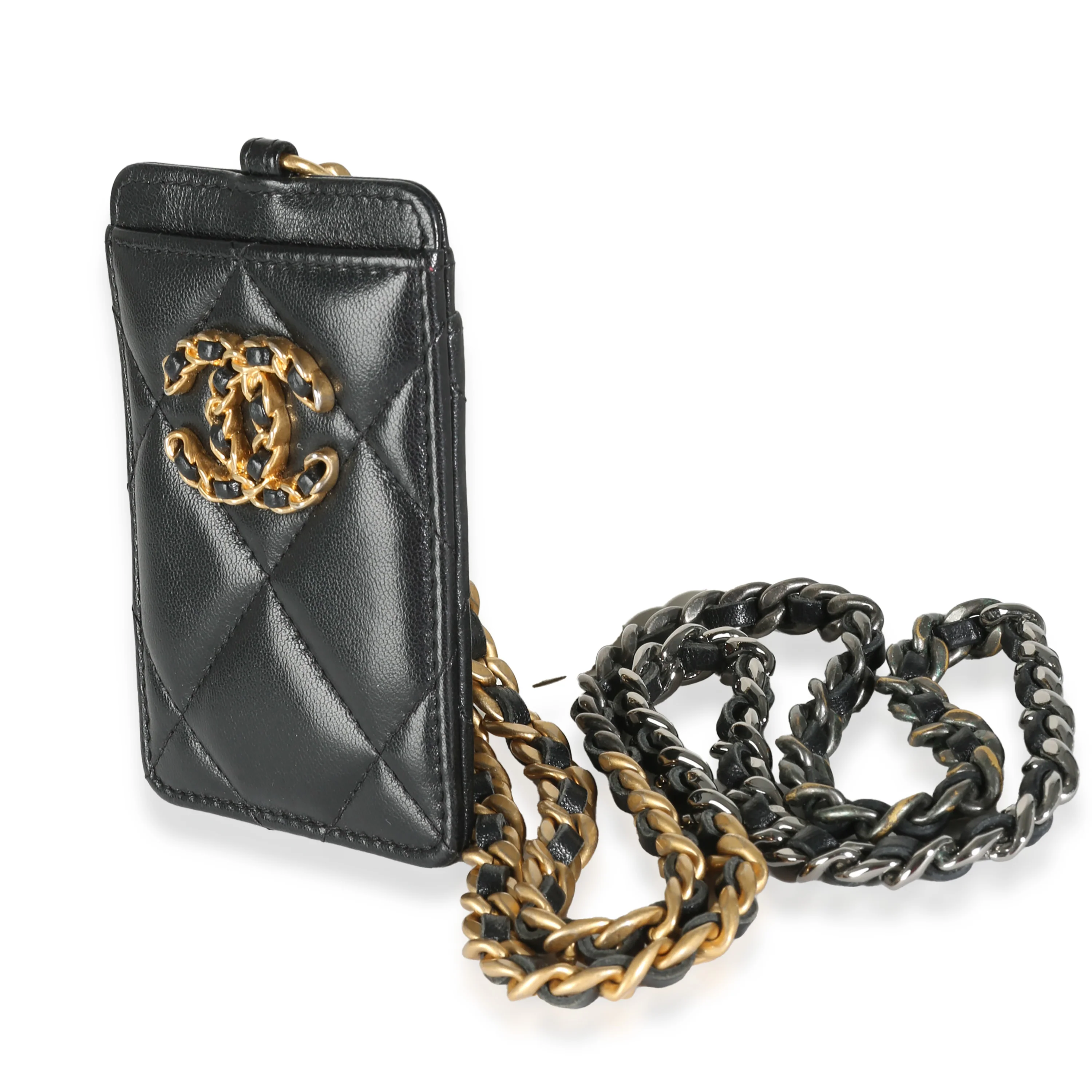 Black Quilted Goatskin Chanel 19 Card Holder On Chain - Image 2