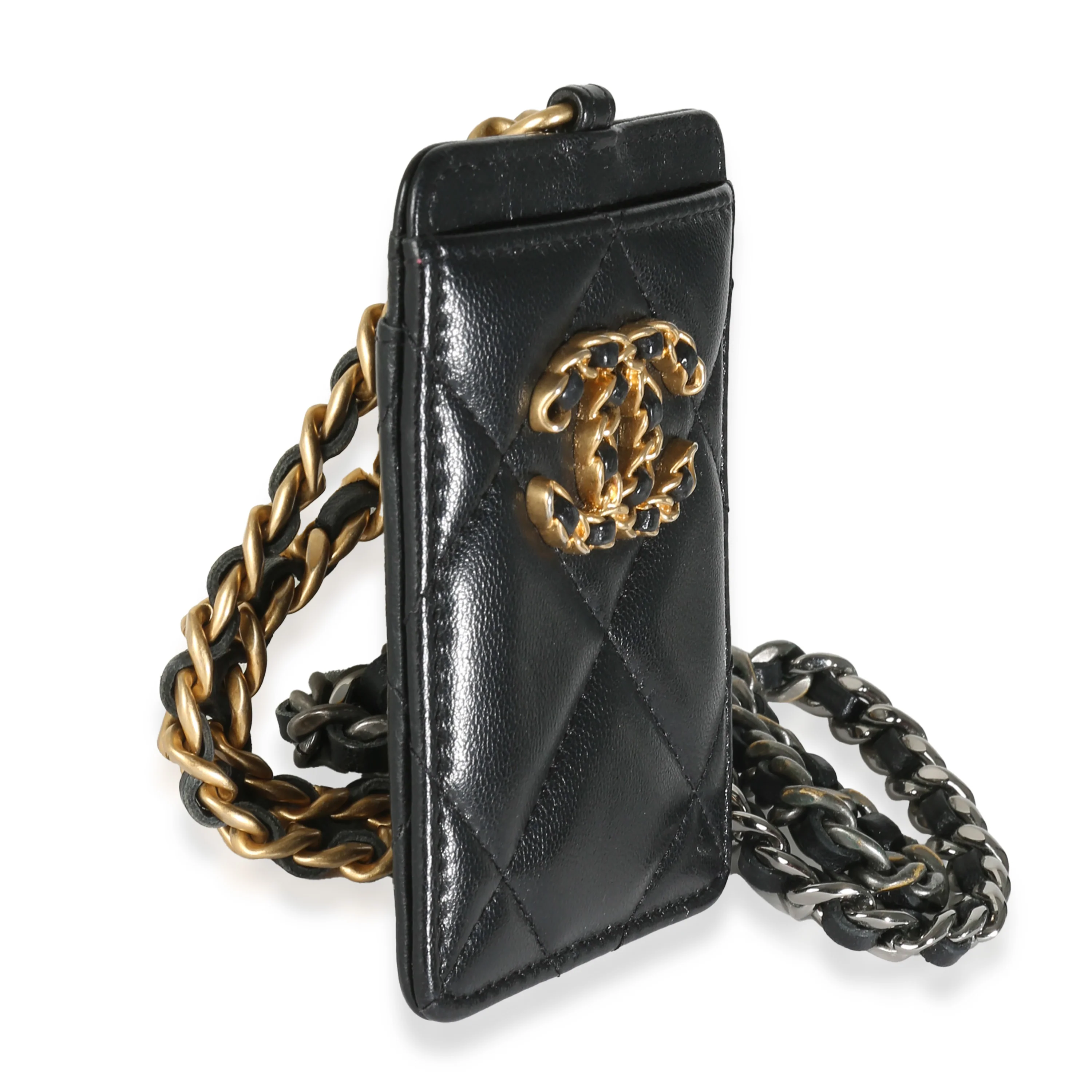 Black Quilted Goatskin Chanel 19 Card Holder On Chain - Image 3