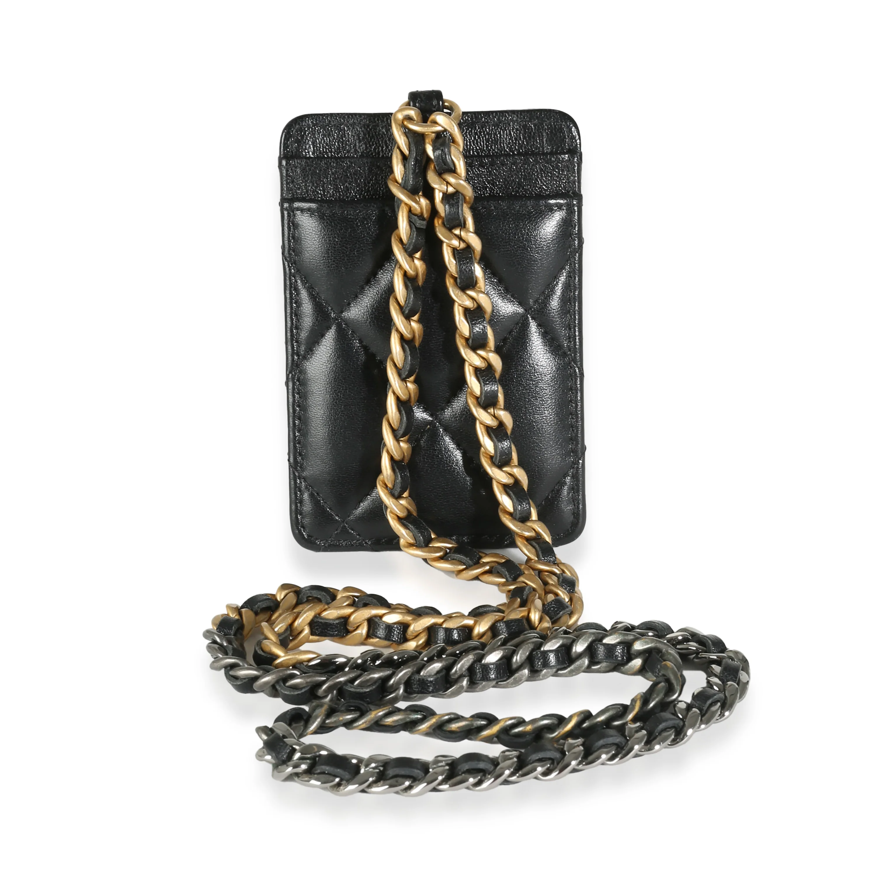 Black Quilted Goatskin Chanel 19 Card Holder On Chain - Image 4