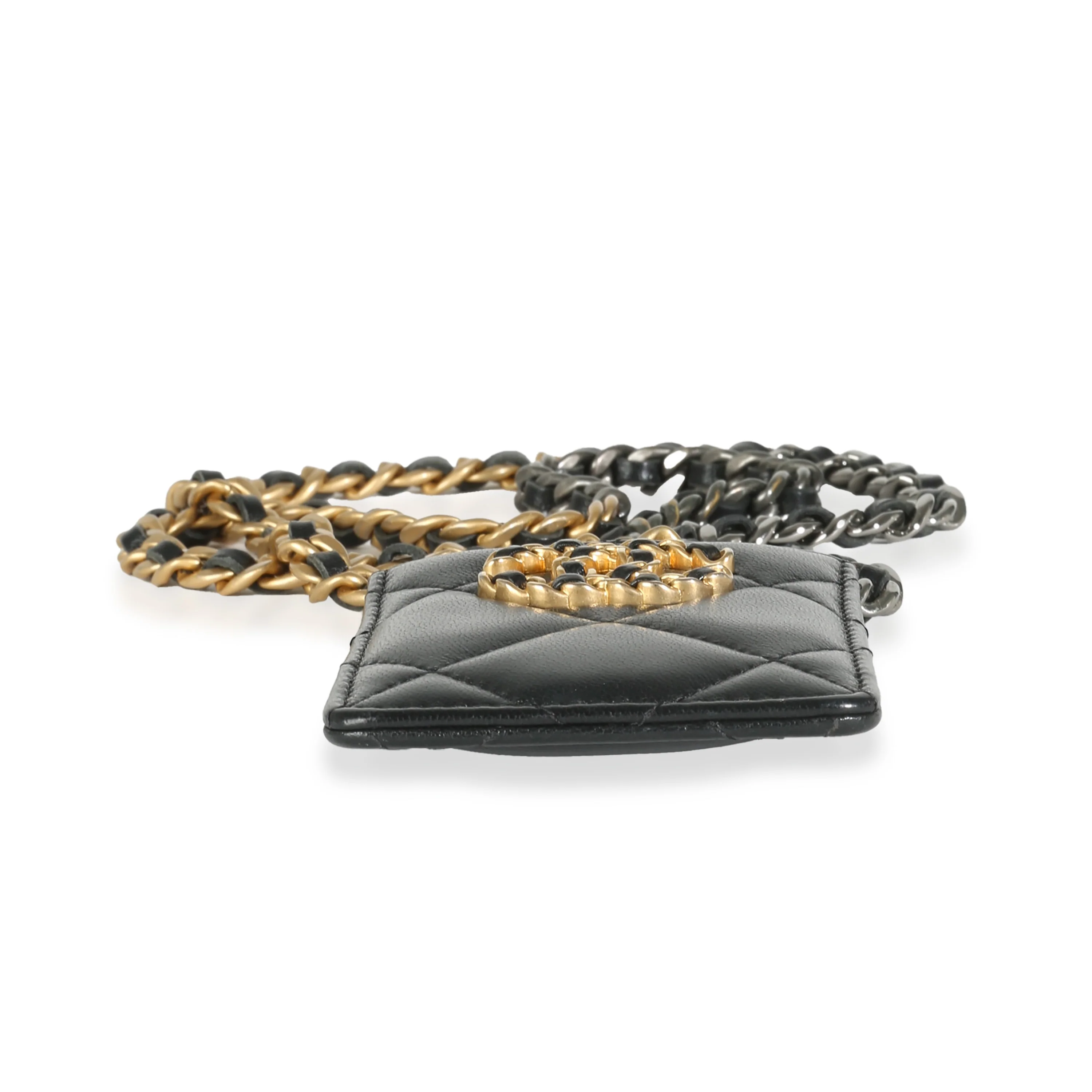 Black Quilted Goatskin Chanel 19 Card Holder On Chain - Image 5