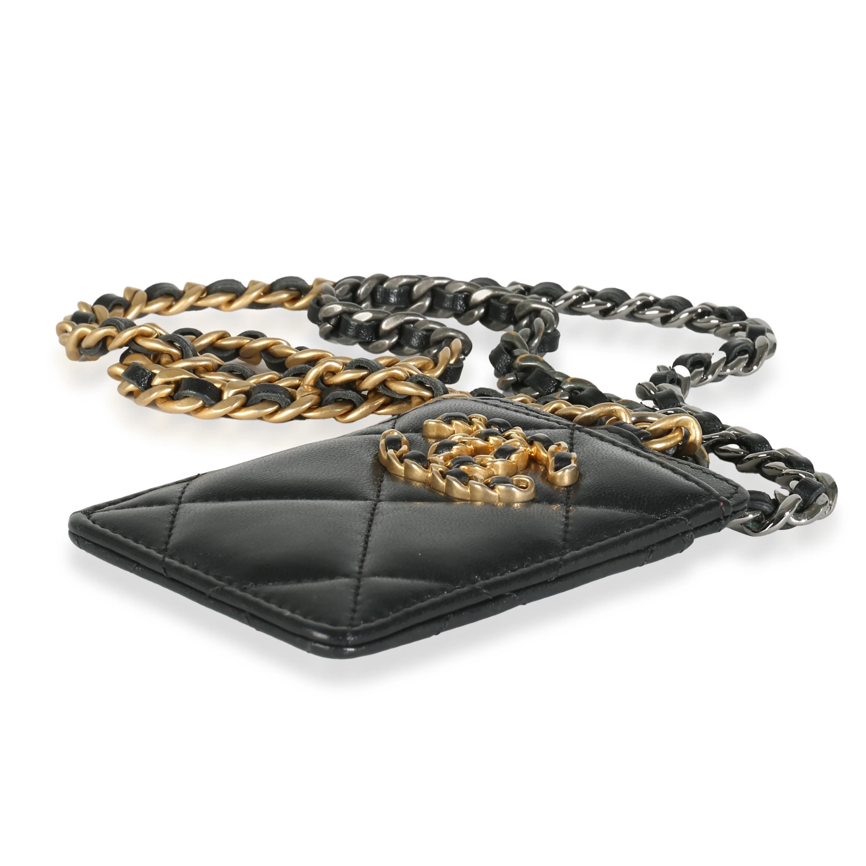 Black Quilted Goatskin Chanel 19 Card Holder On Chain - Image 7