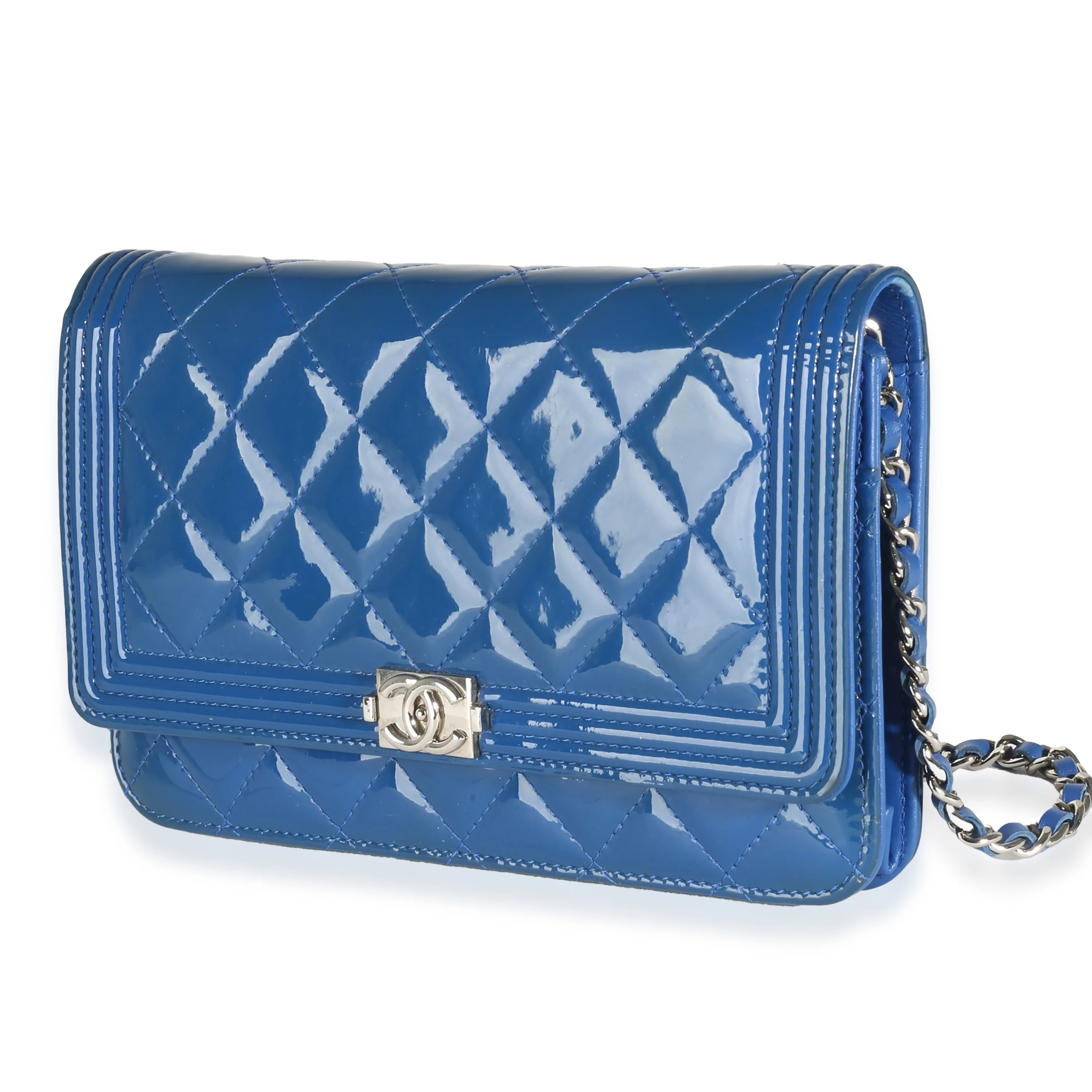 Blue Quilted Patent Boy Wallet On Chain - Image 2