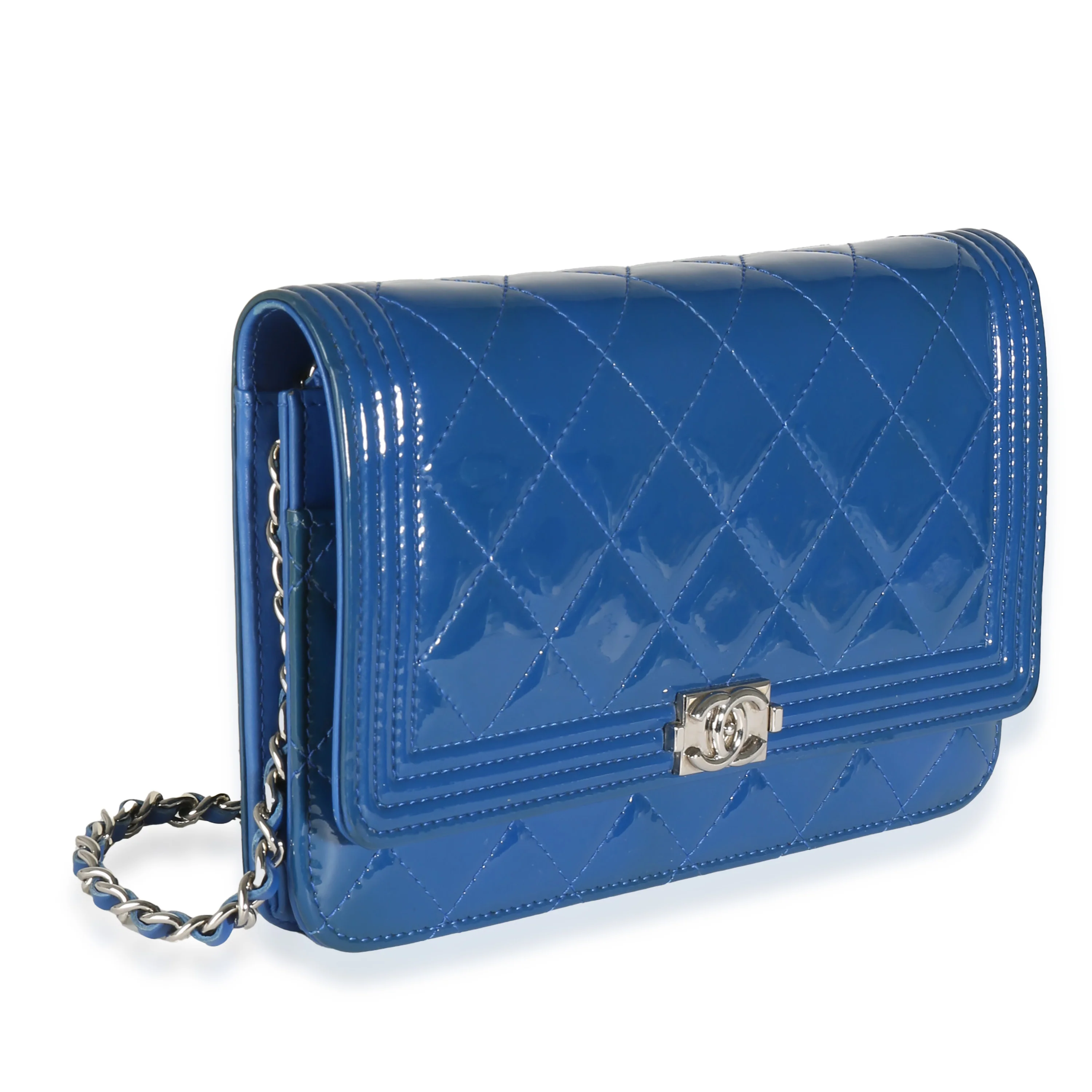 Blue Quilted Patent Boy Wallet On Chain - Image 3