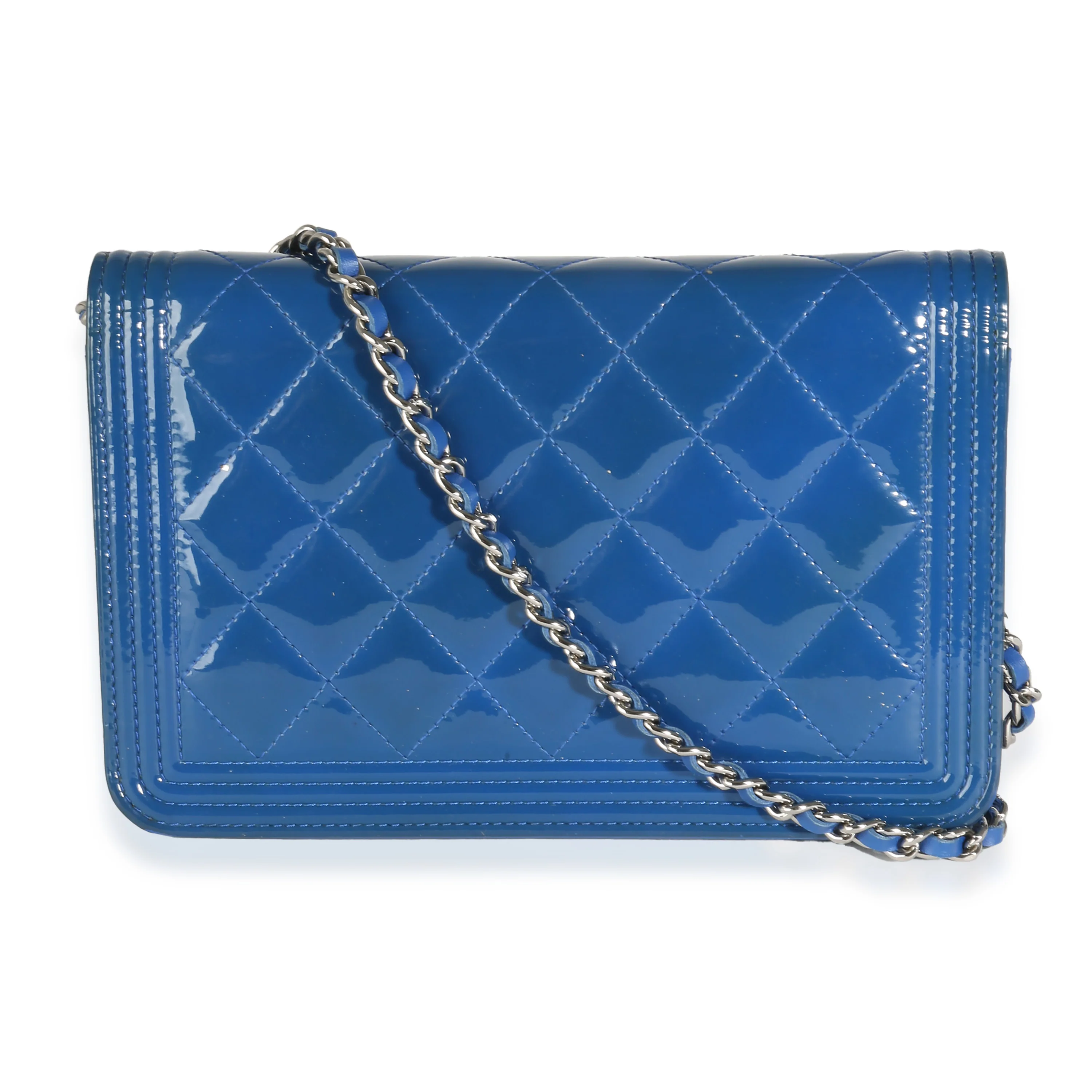 Blue Quilted Patent Boy Wallet On Chain - Image 4
