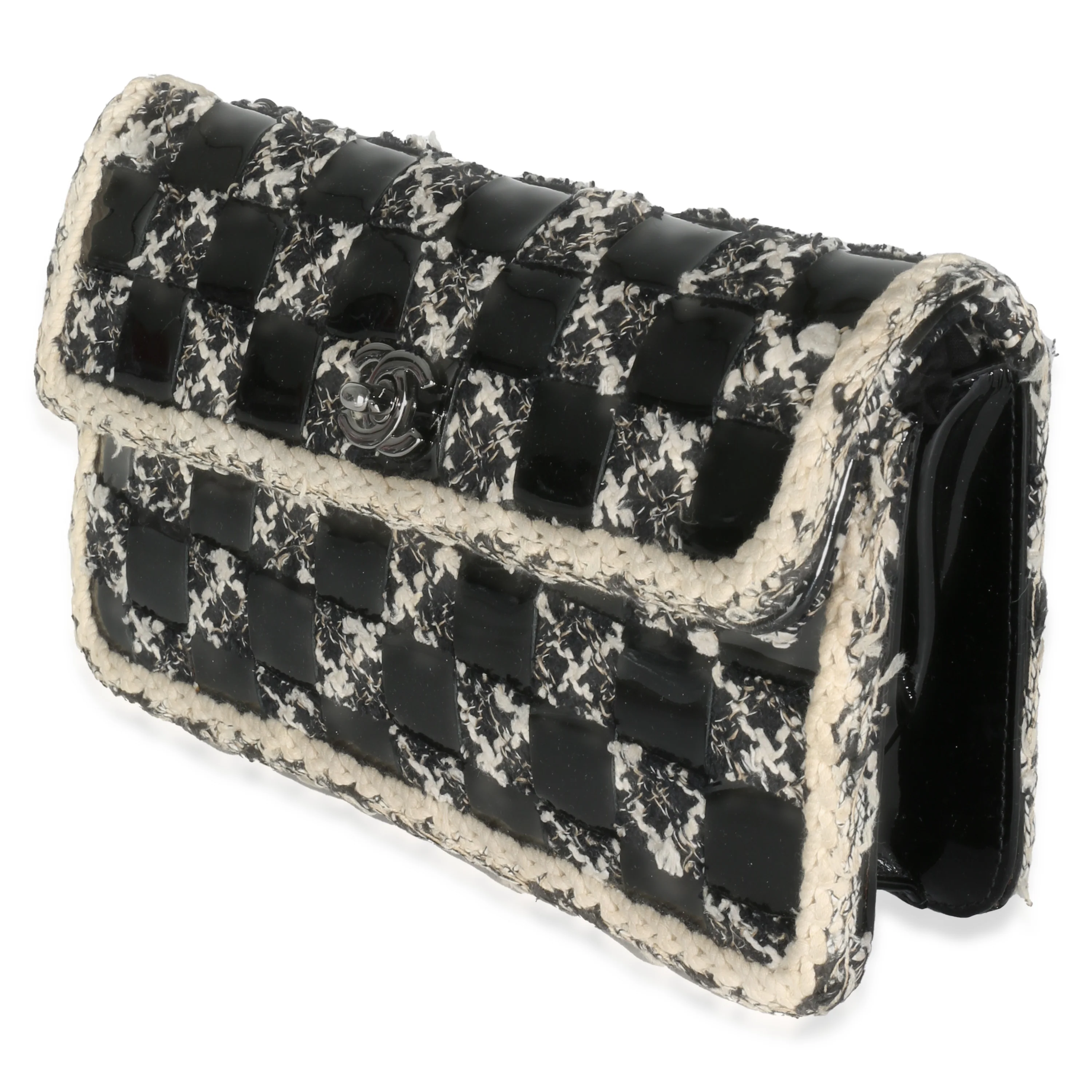Black White Tweed Woven Patent Medium Flap Bag - Image 2
