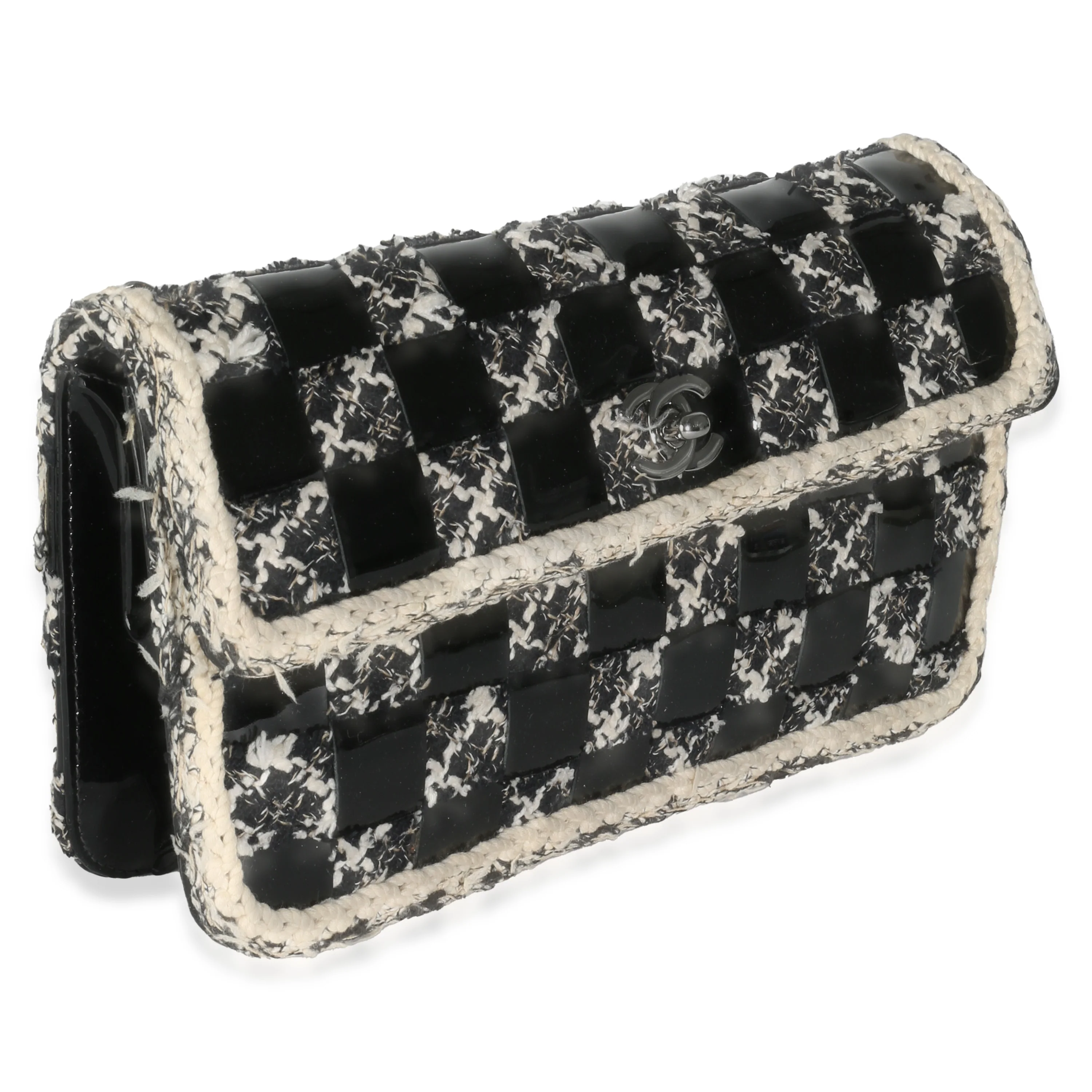 Black White Tweed Woven Patent Medium Flap Bag - Image 3
