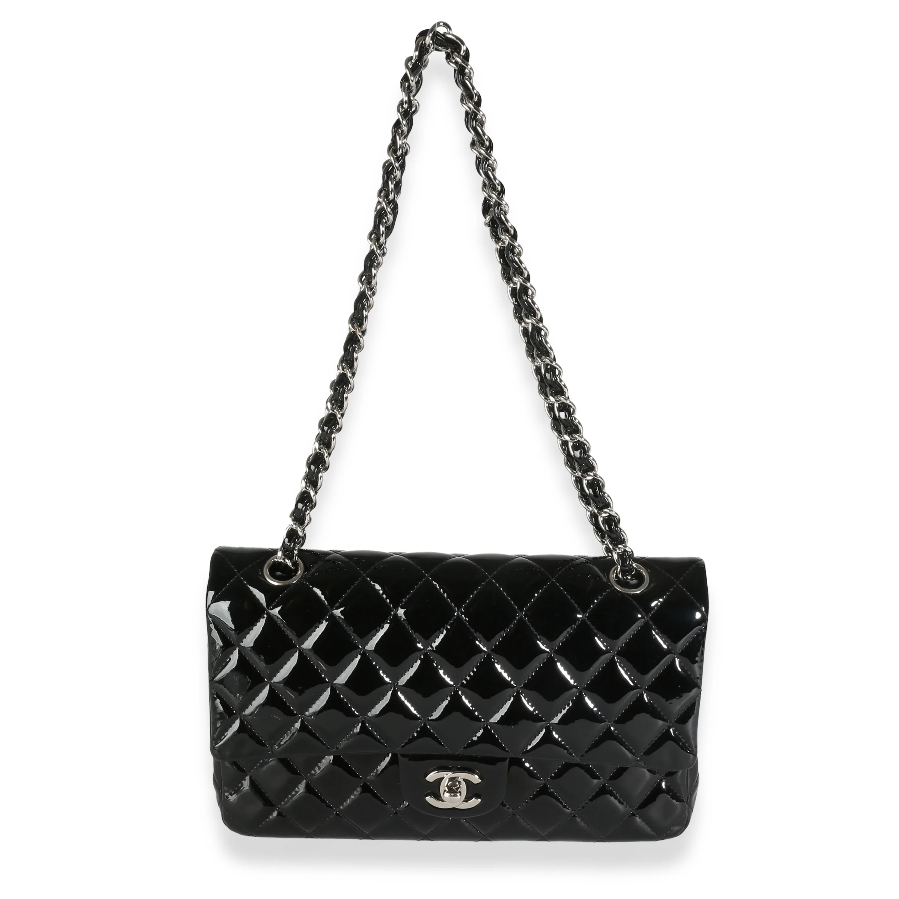 Black Quilted Patent Medium Classic Double Flap Bag - Image 8