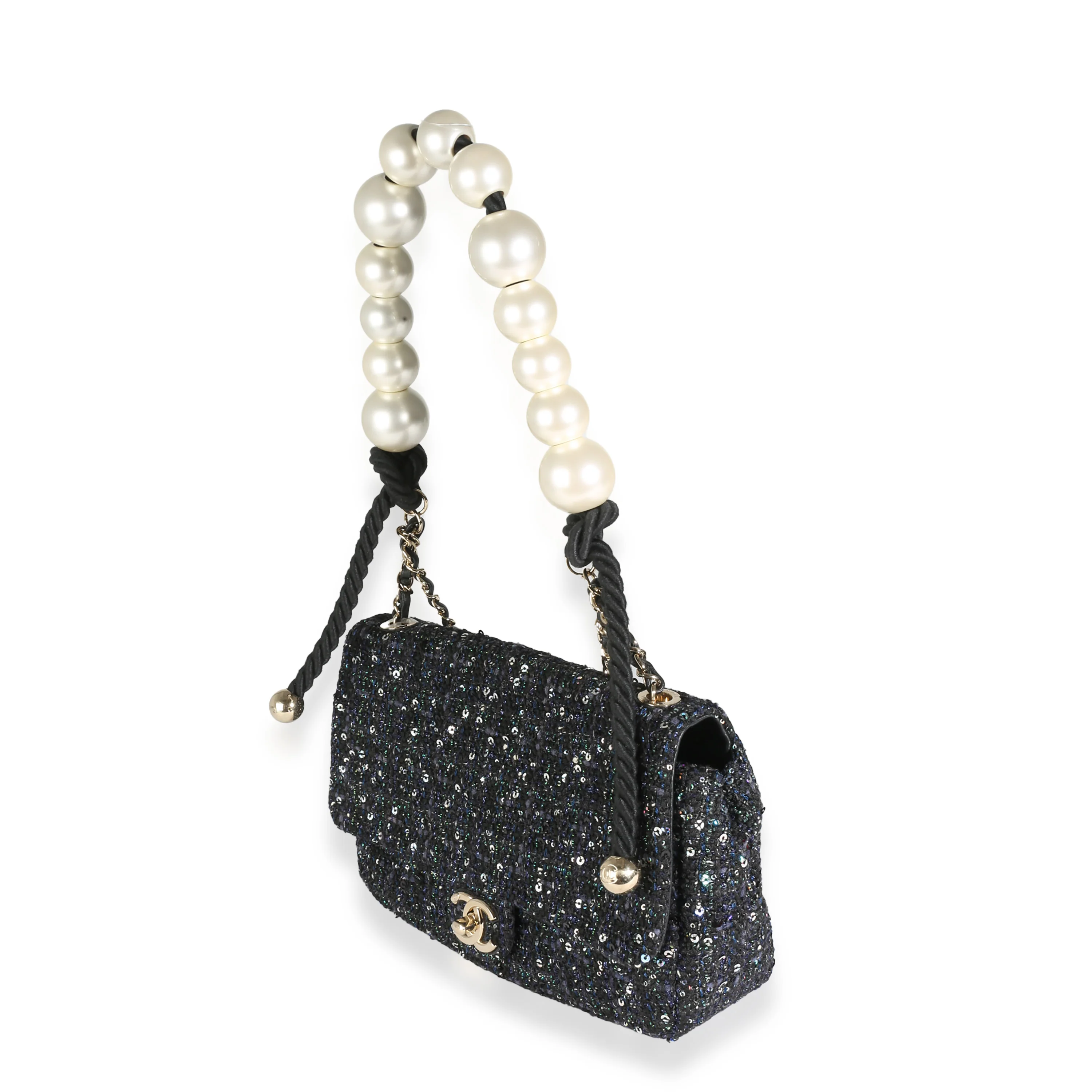 Navy Tweed Sequin Medium Pearl Handle Flap Bag - Image 2