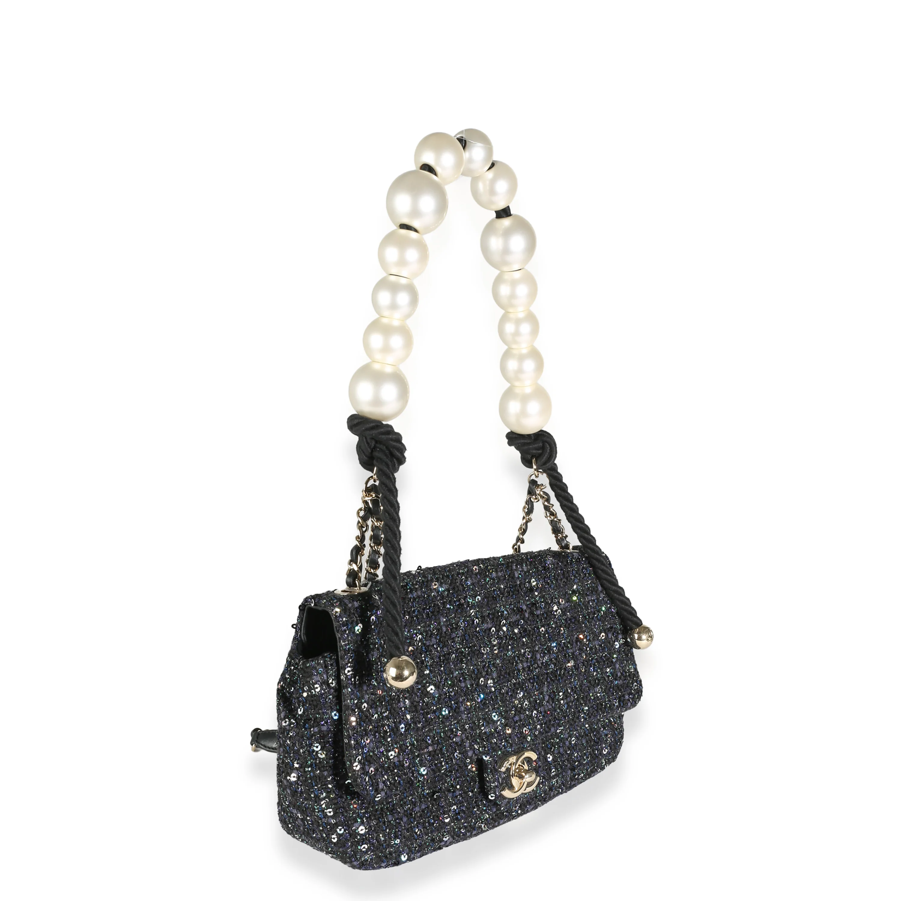 Navy Tweed Sequin Medium Pearl Handle Flap Bag - Image 3