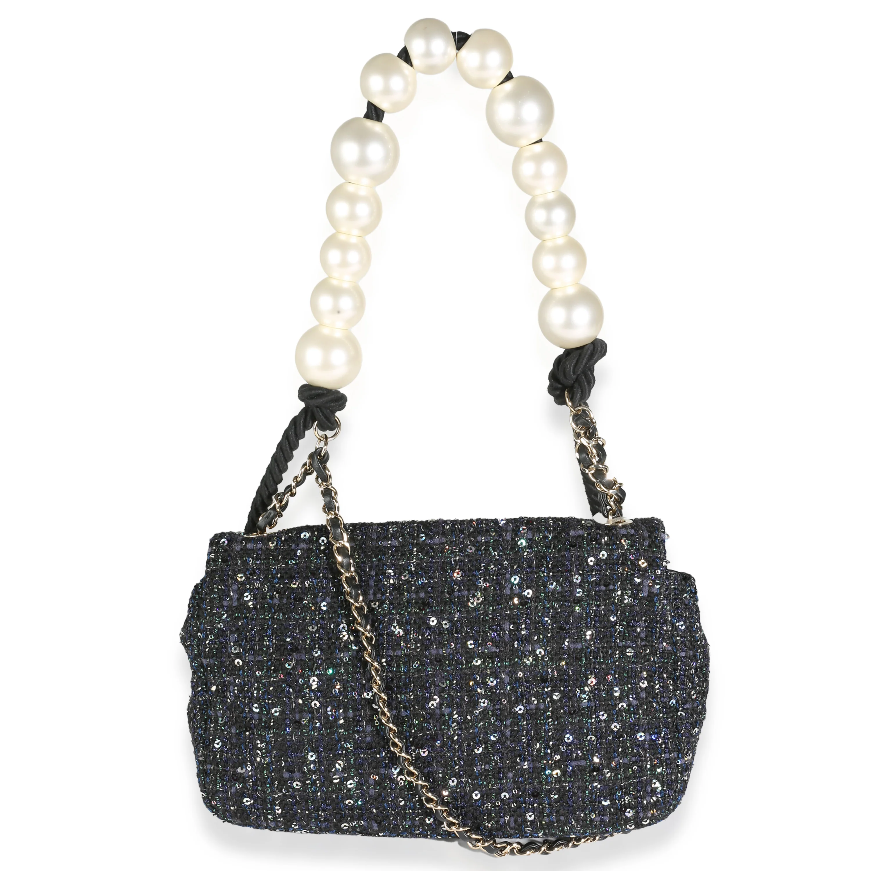 Navy Tweed Sequin Medium Pearl Handle Flap Bag - Image 4