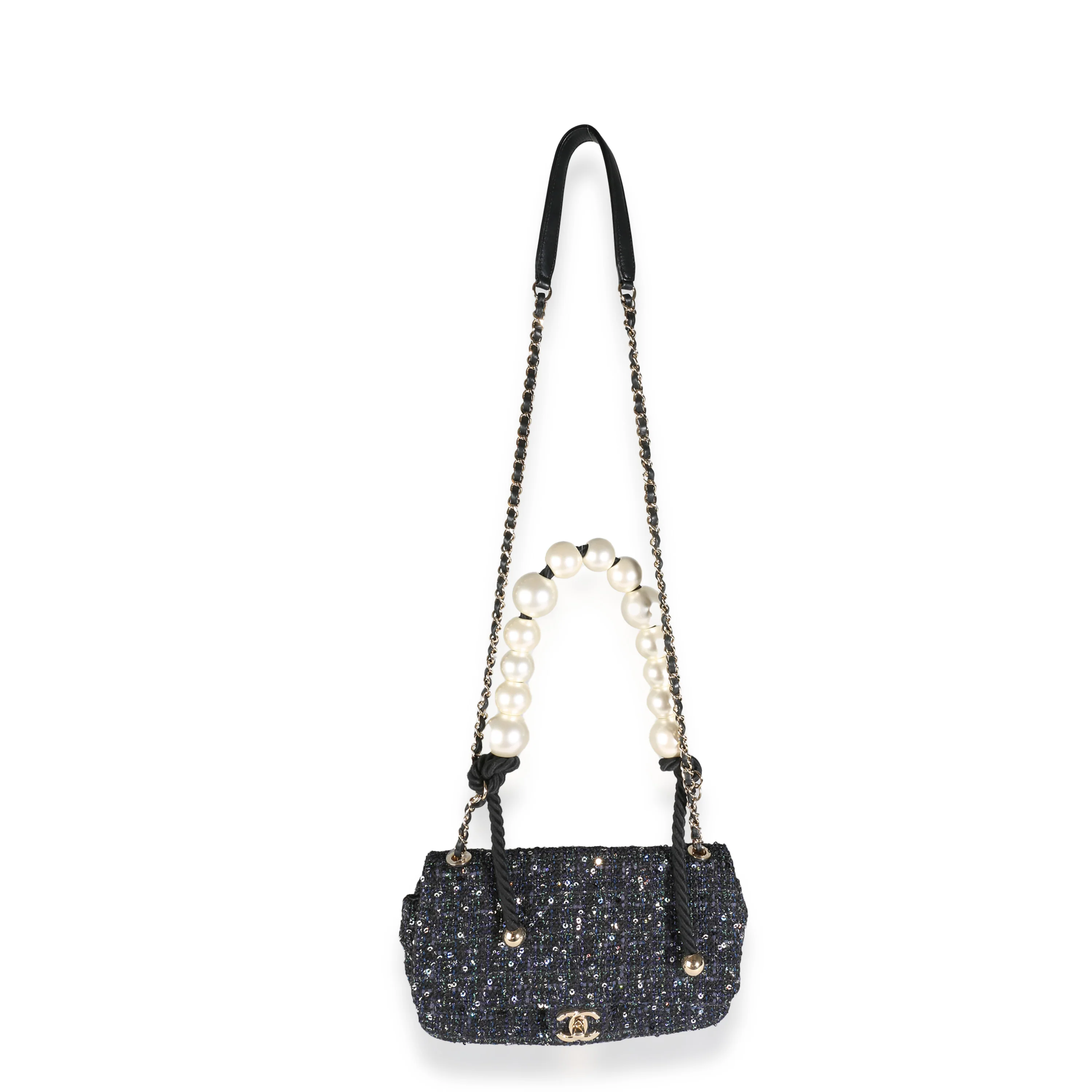 Navy Tweed Sequin Medium Pearl Handle Flap Bag - Image 5
